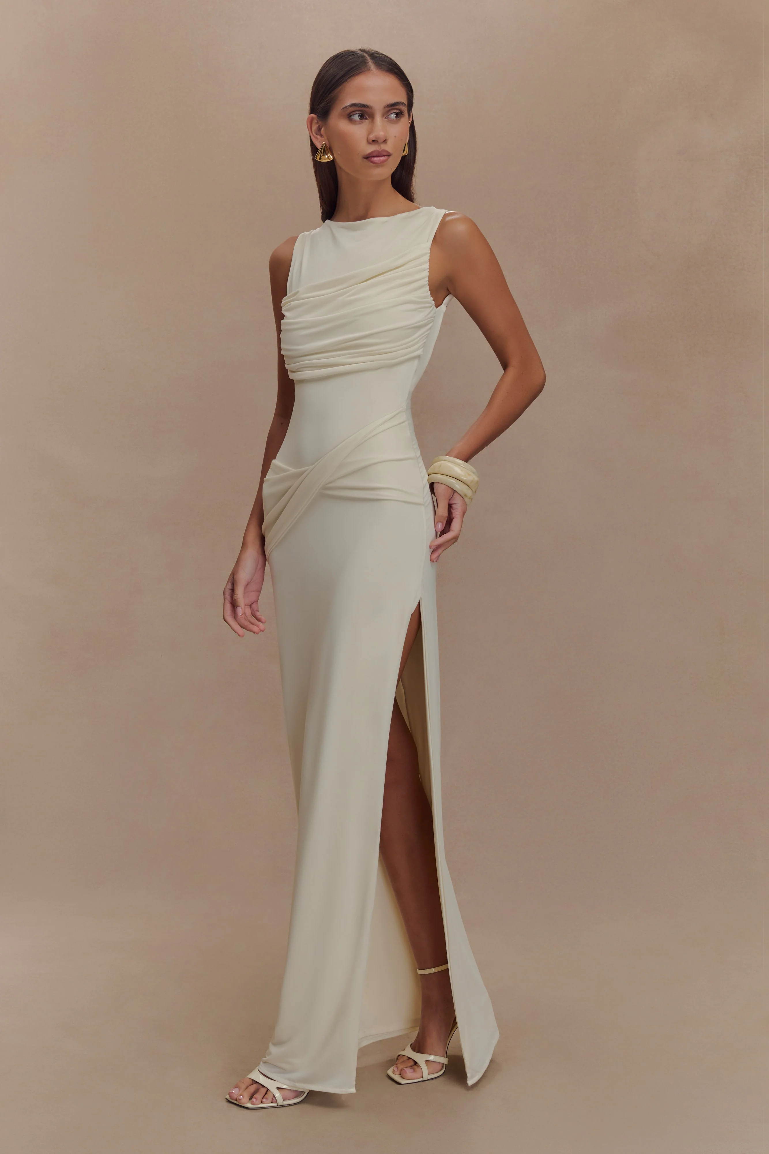 Henley Slinky Drape Maxi Dress - Ivory - Image 4