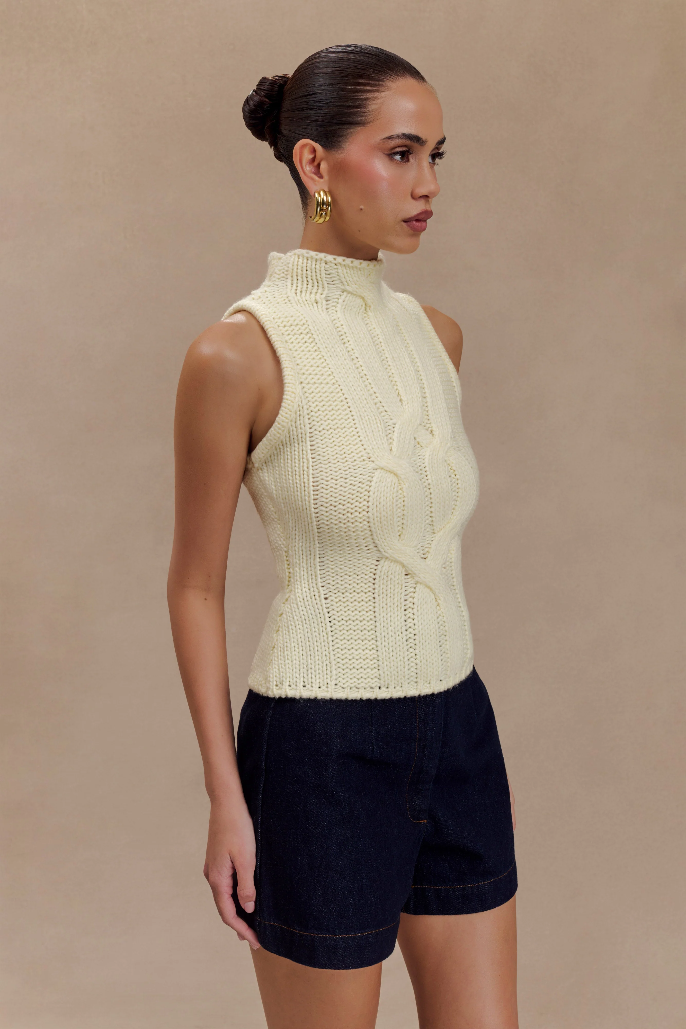 Roberta High Neck Cable Knit Top - Ivory - Image 3