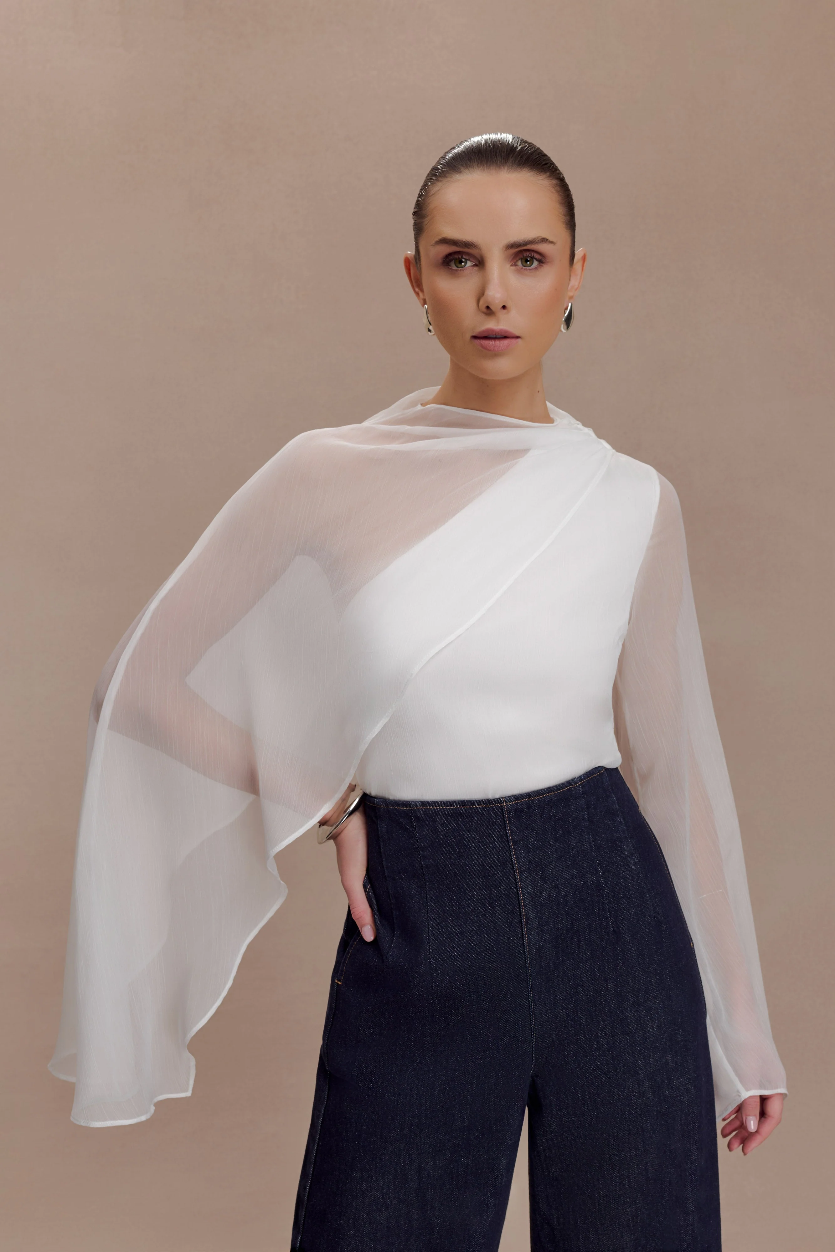 Ida Sheer Asymmetrical Long Sleeve Cape - White