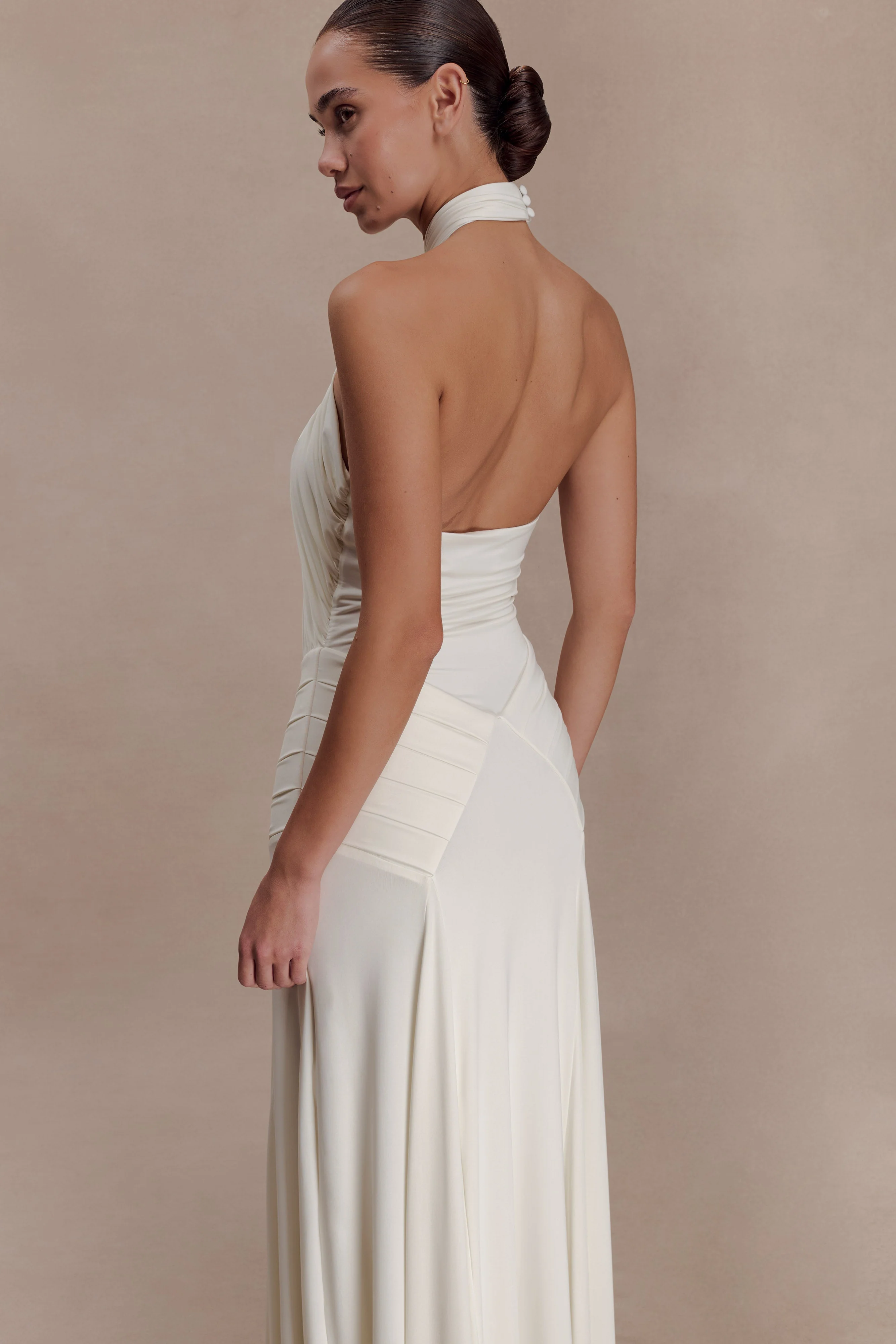 Indira Gathered Slinky Halter Maxi Dress - Ivory - Image 7