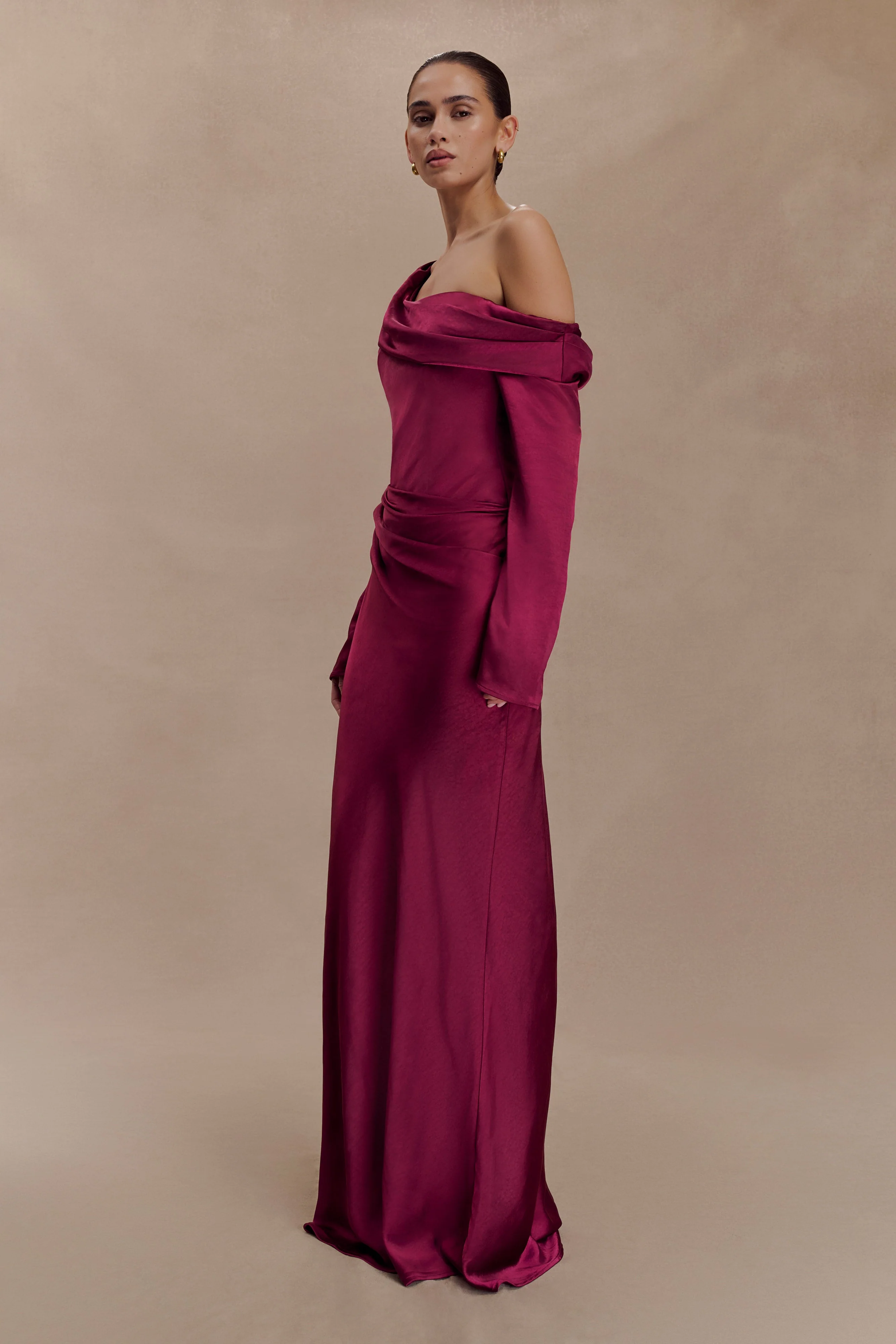 Iris Long Sleeve Satin Maxi Dress - Mahogany - Image 4