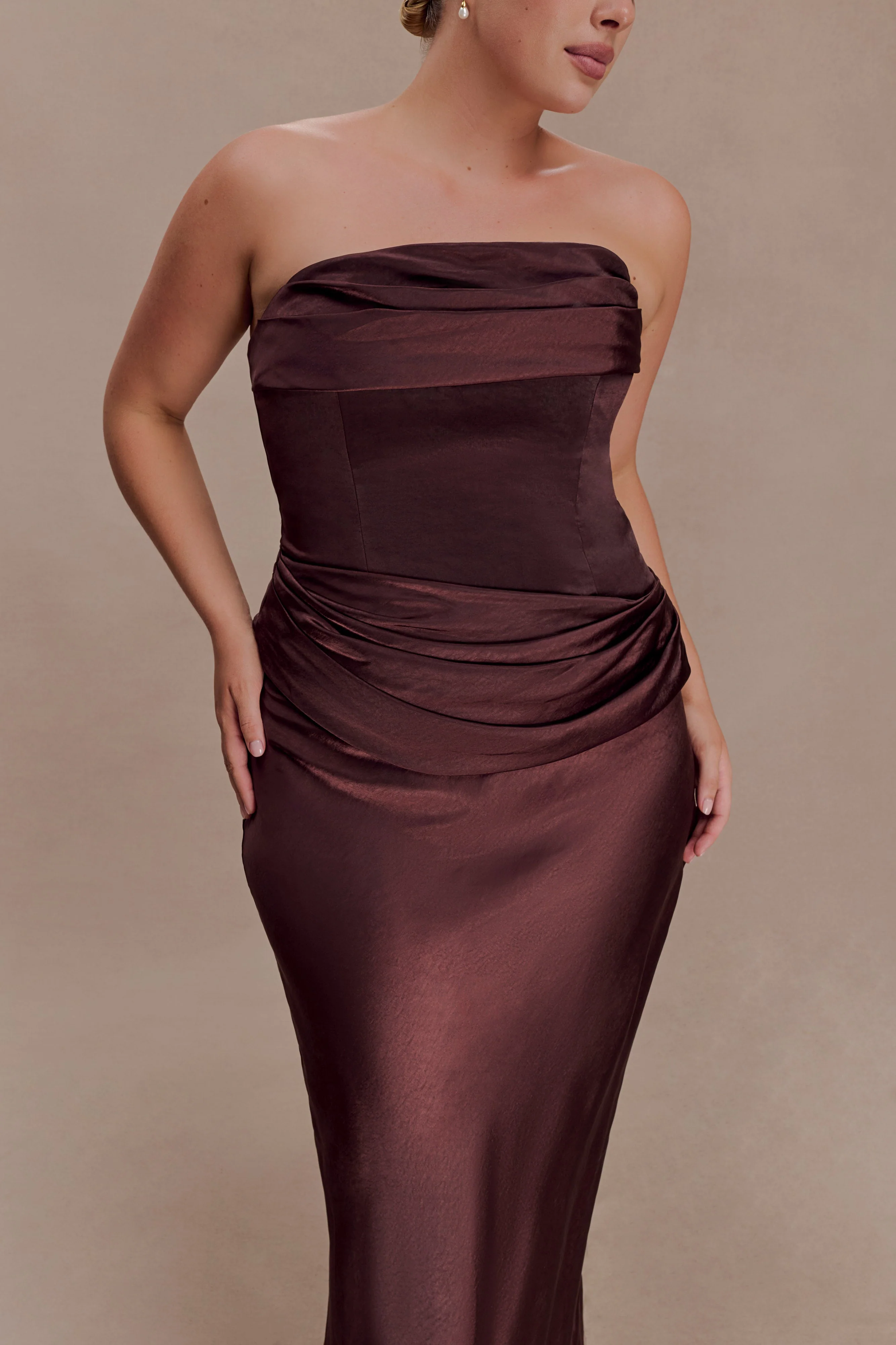 Jasmine Strapless Satin Maxi Dress - Dark Chocolate - Image 4