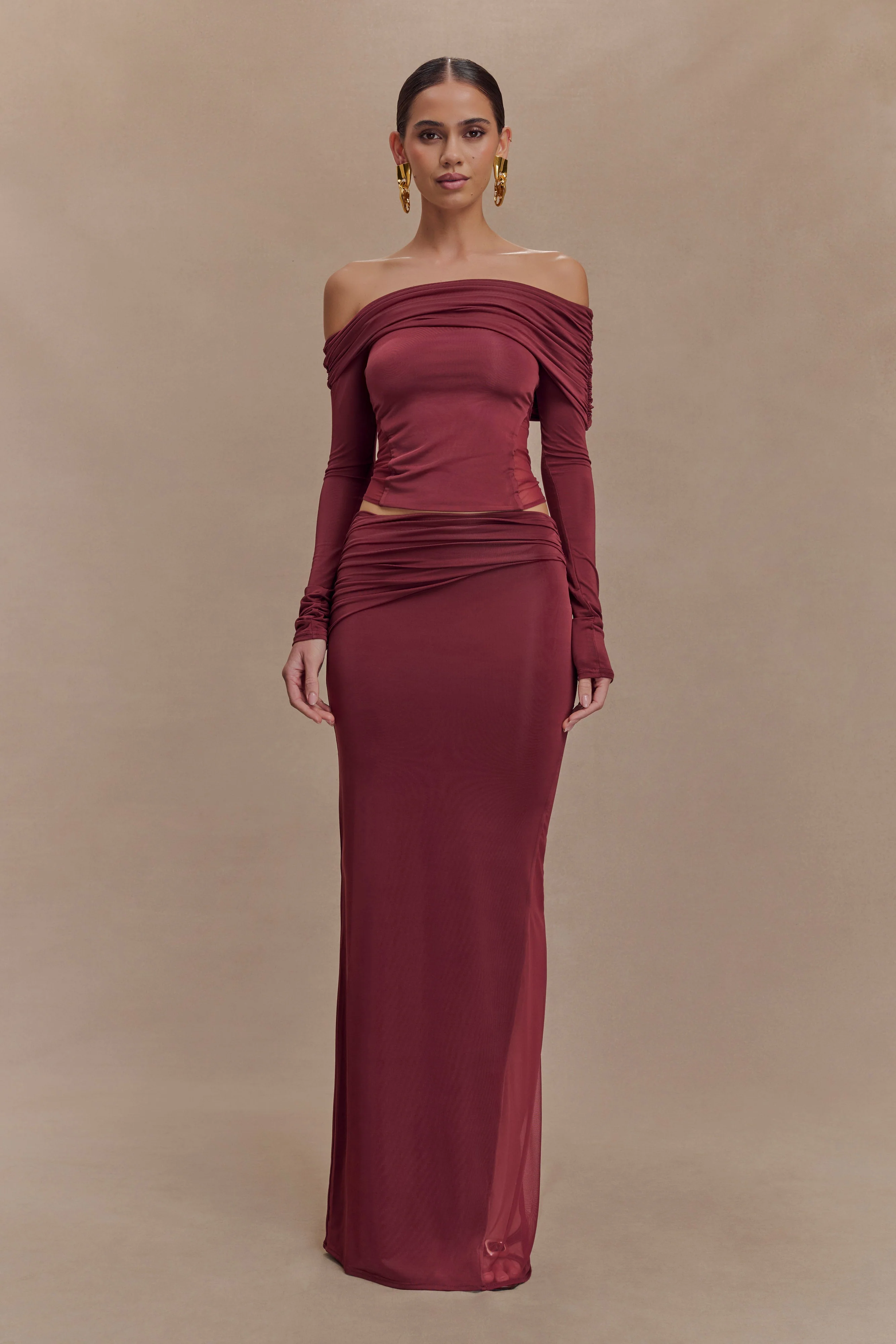 Judy Slinky And Mesh Maxi Skirt - Wine - Image 3