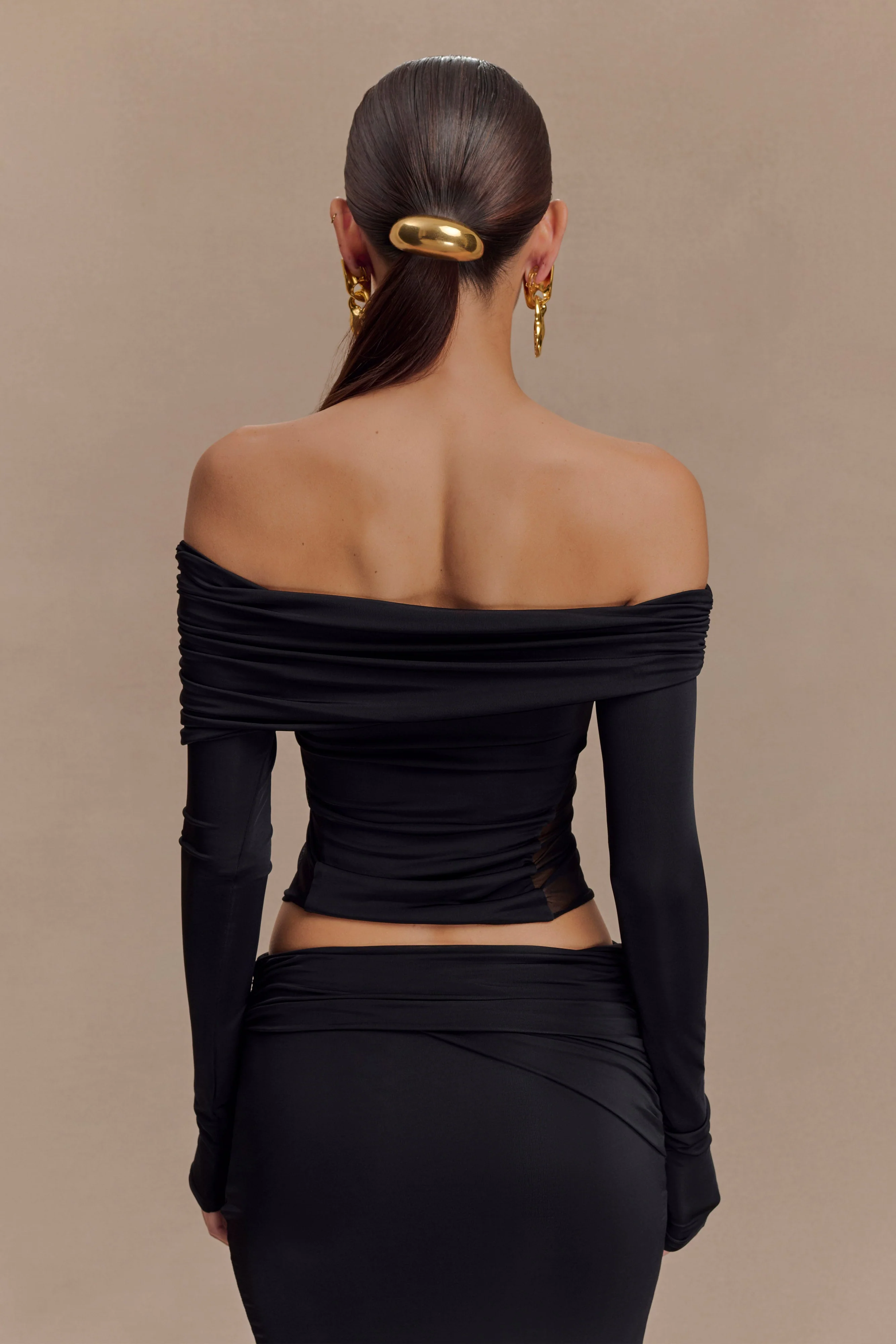 Judy Slinky And Mesh Off Shoulder Top - Black - Image 2