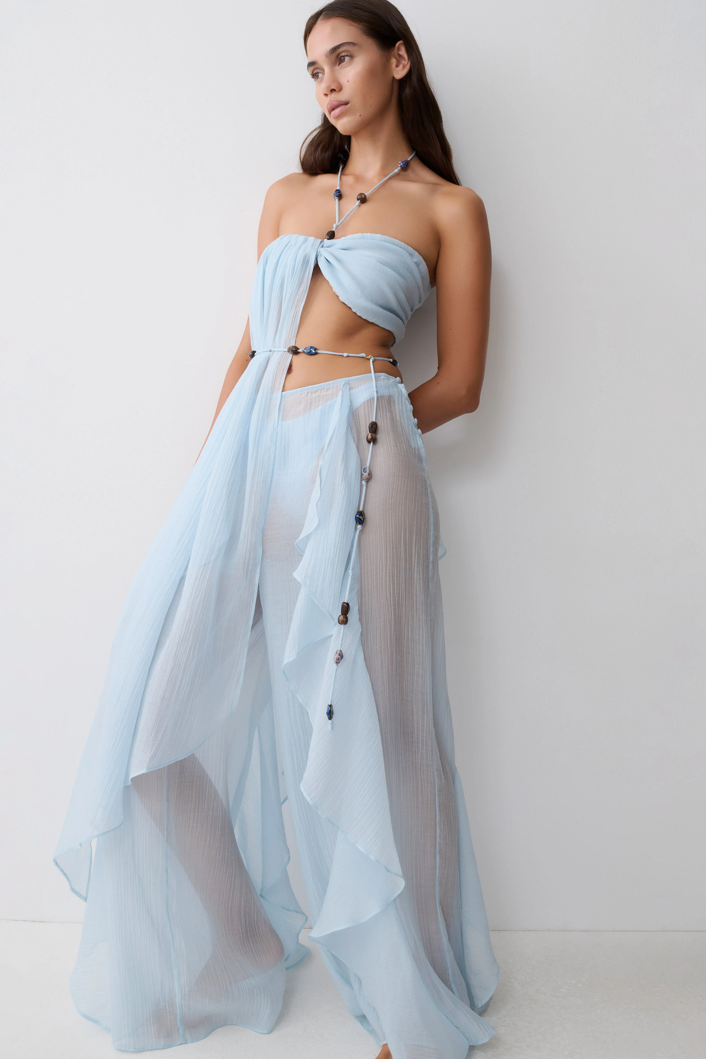 Kai Beaded Draped Scarf Top - Pale Blue - Image 6