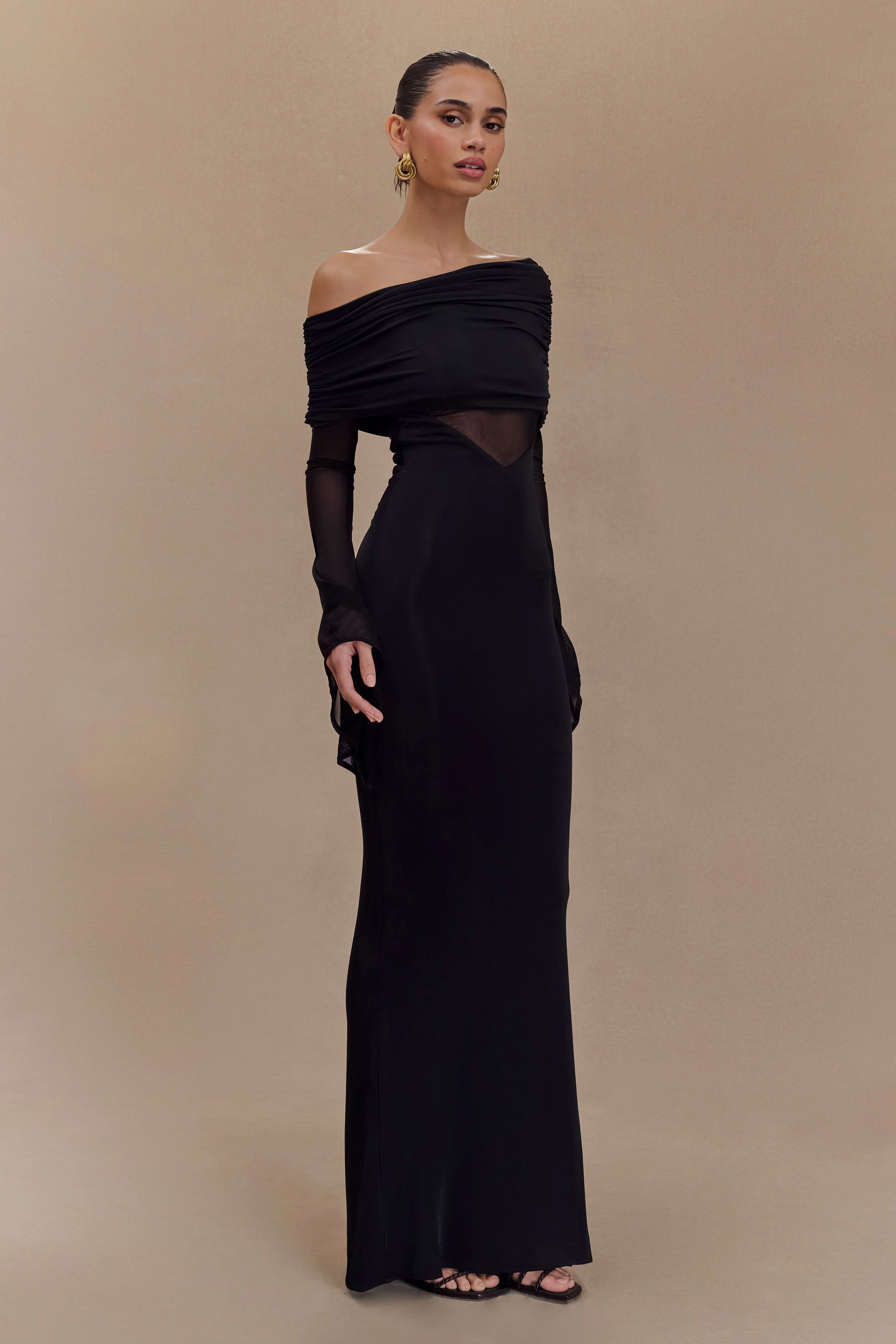 Kaitlin One Shoulder Slinky And Mesh Maxi Dress - Black - Image 6