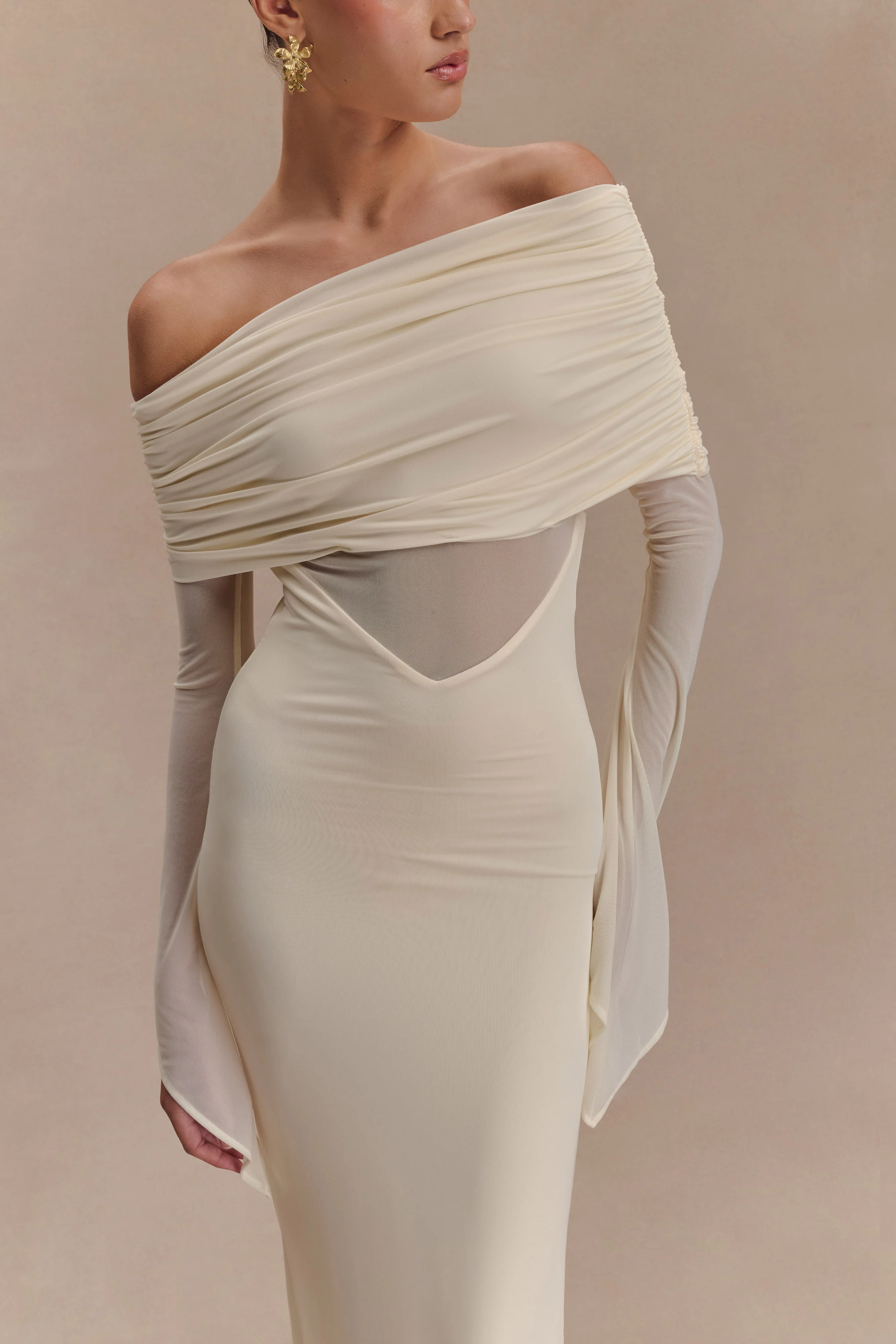 Kaitlin One Shoulder Slinky And Mesh Maxi Dress - Ivory - Image 3