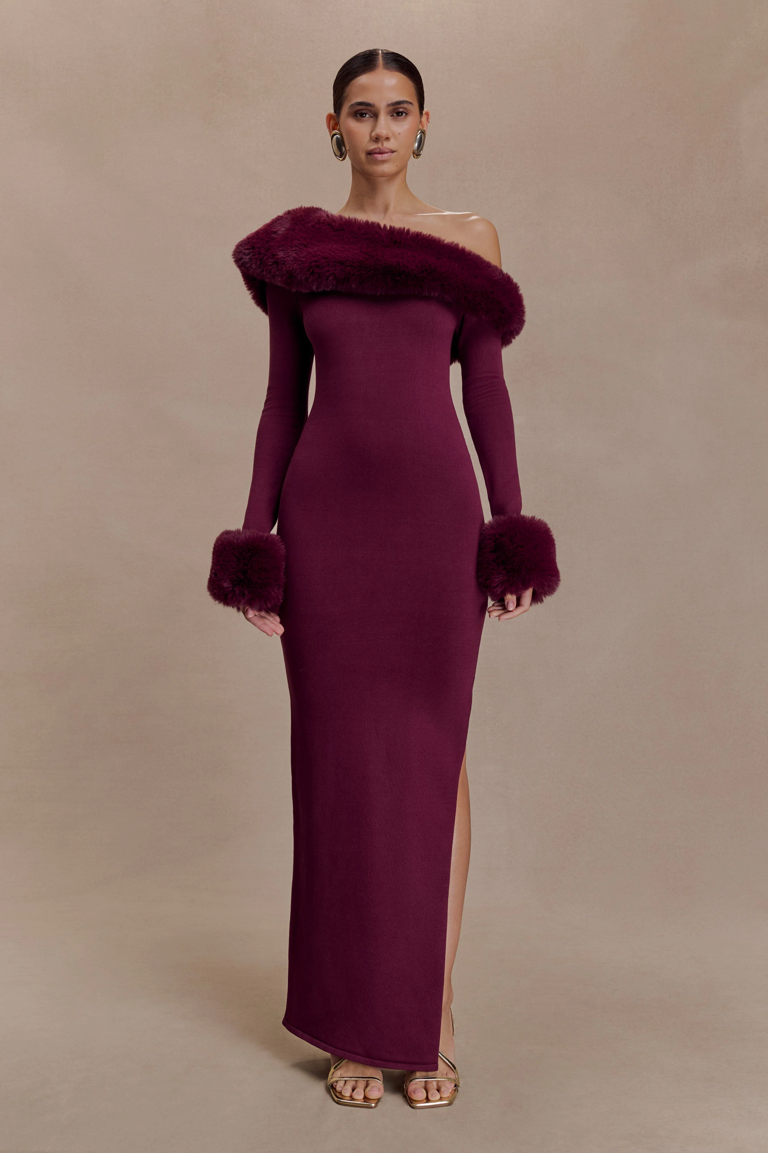 Karleigh Faux Fur Knit Maxi Dress - Plum