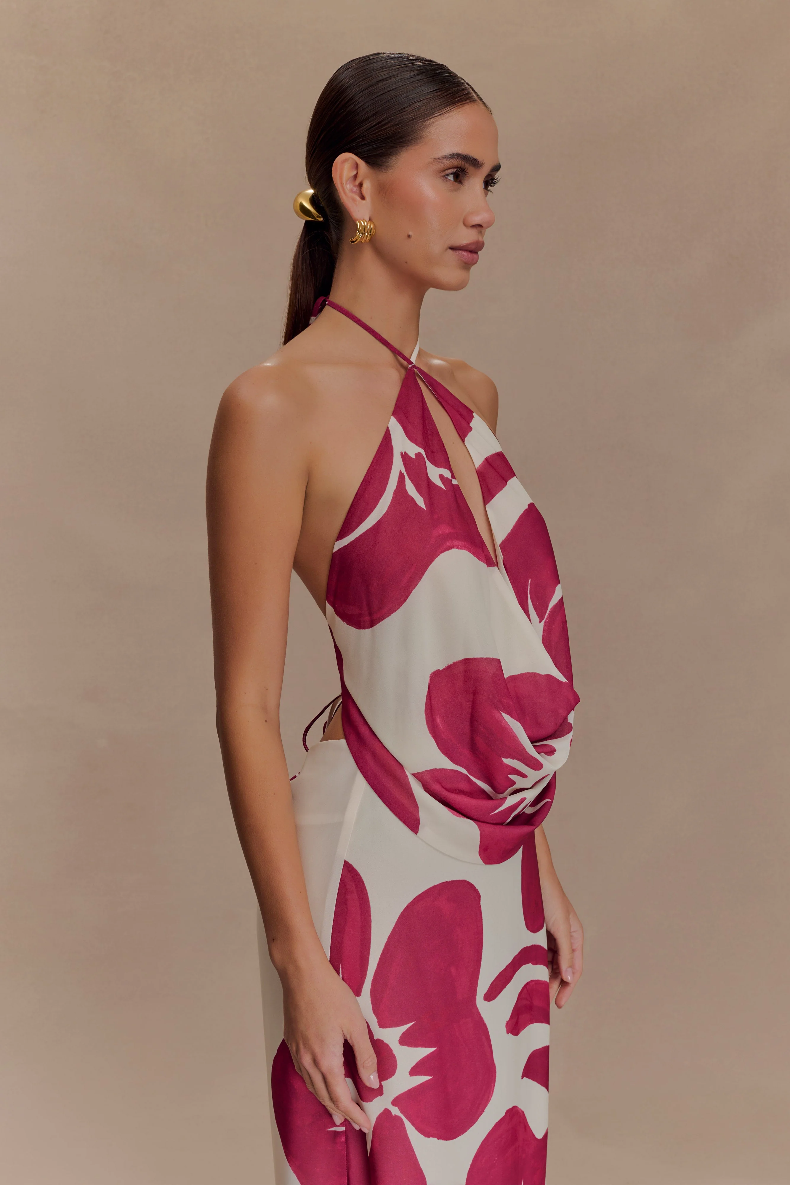 Katalina Chiffon Cowl Halter Top - Red Deco Fleur Print - Image 7