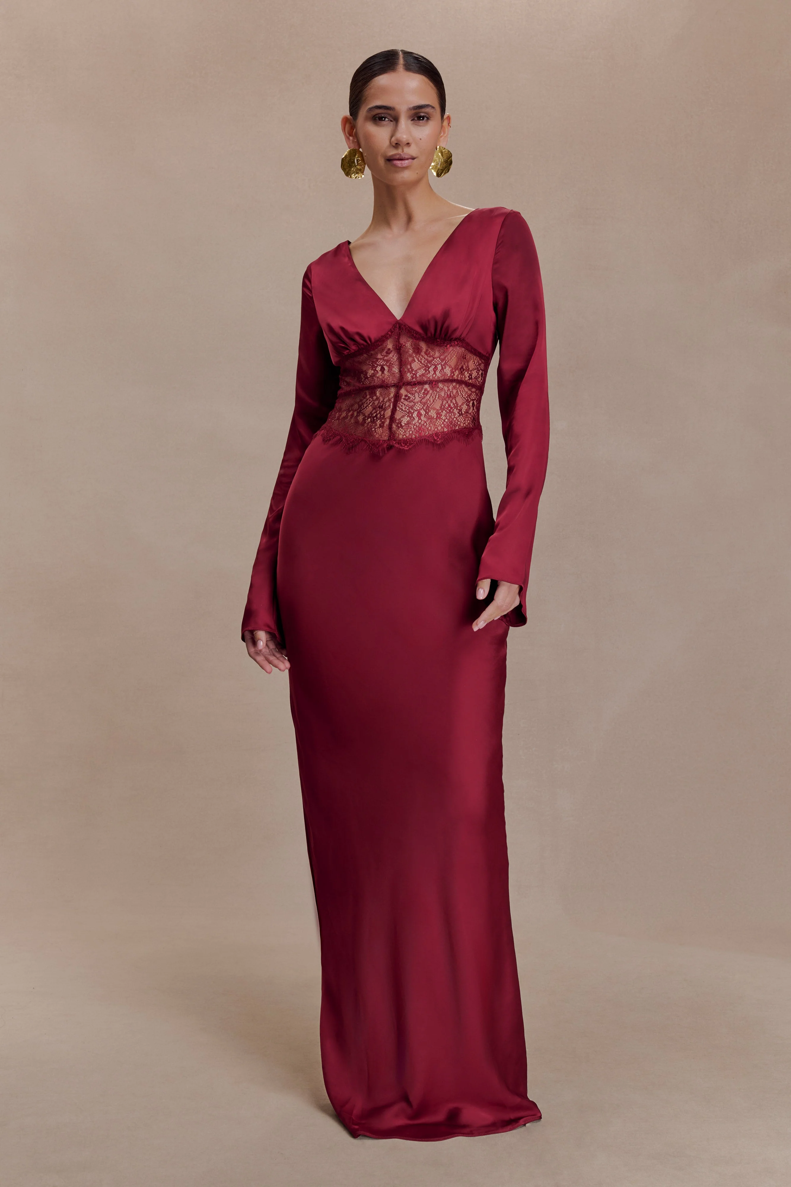 Kaya Long Sleeve Satin And Mesh Maxi Dress - Wine - Image 4