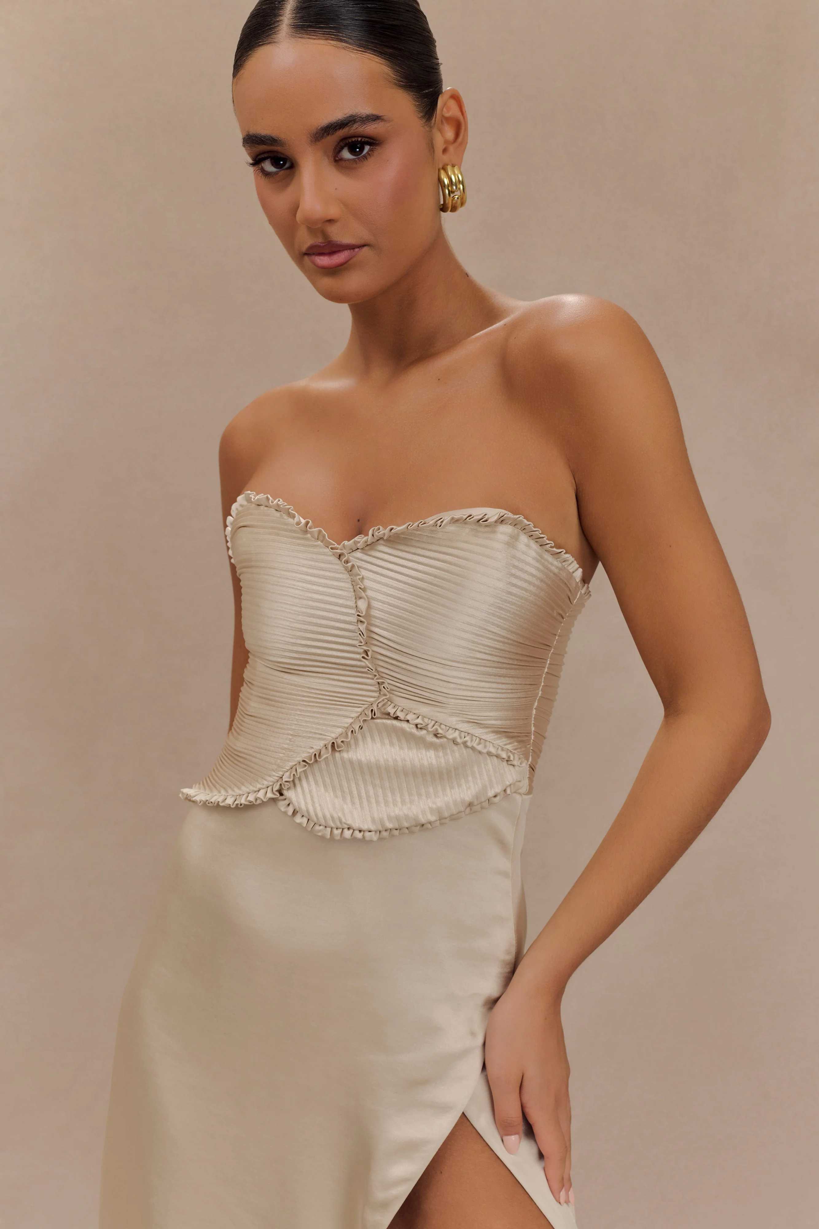 Larissa Satin Maxi Dress With Ruched Petals - Blush Gold - Image 4