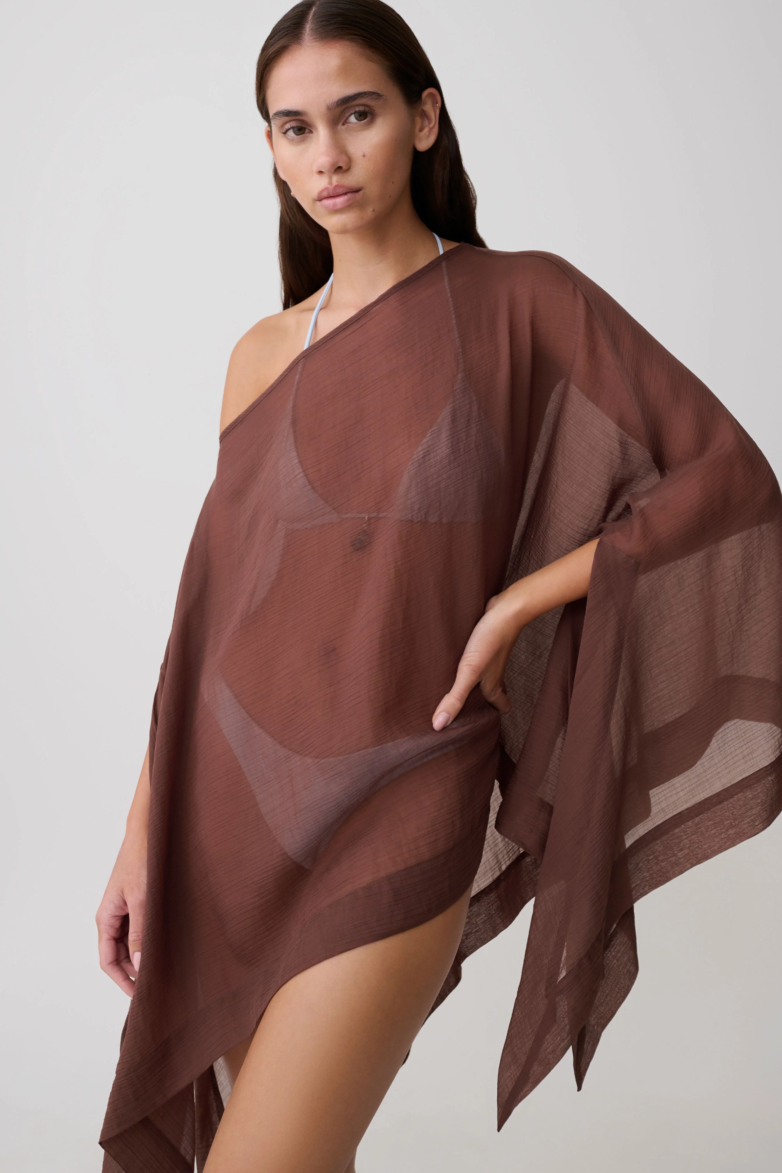 Leilani Sheer Draped Asymmetric Top - Chocolate - Image 3