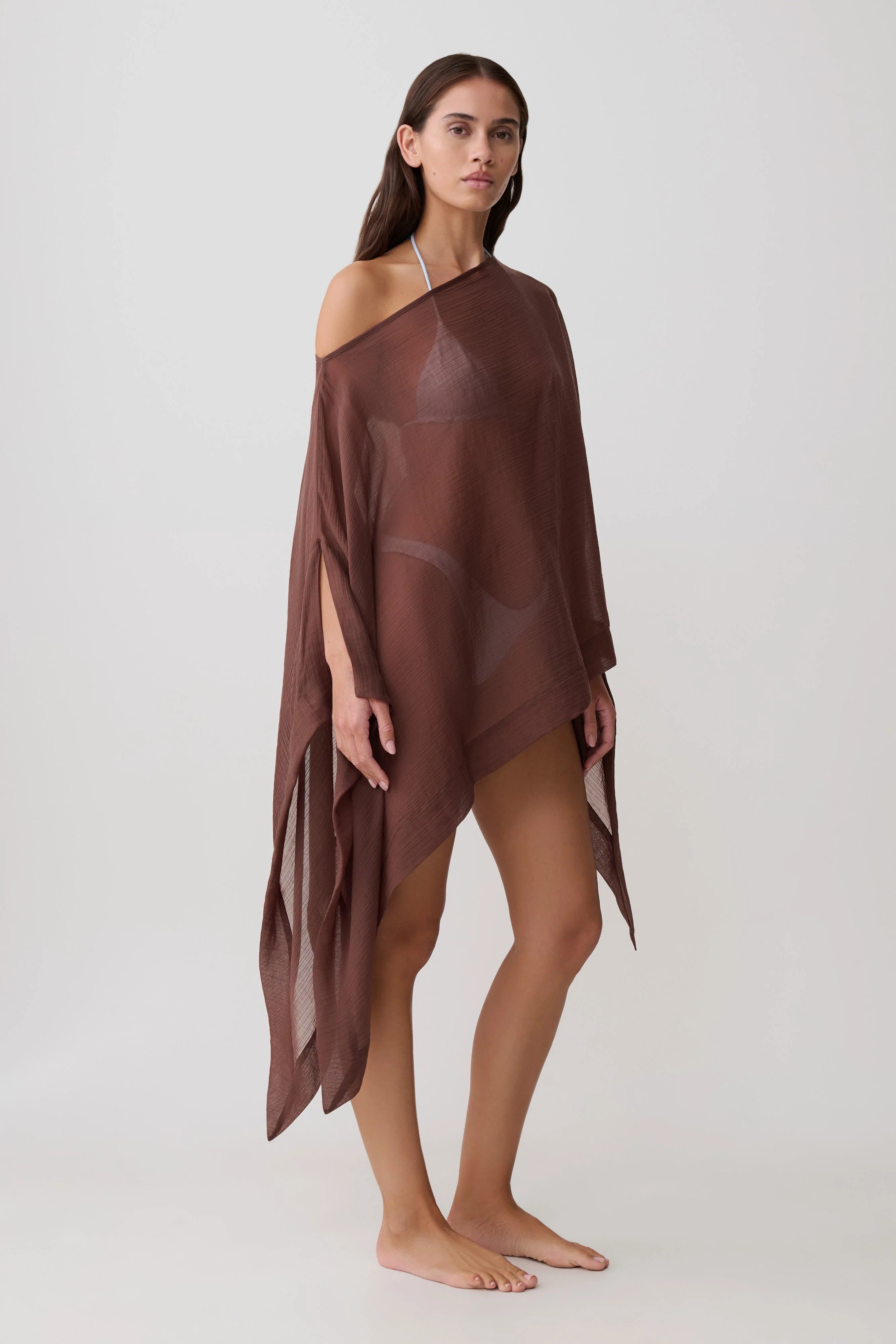 Leilani Sheer Draped Asymmetric Top - Chocolate - Image 4