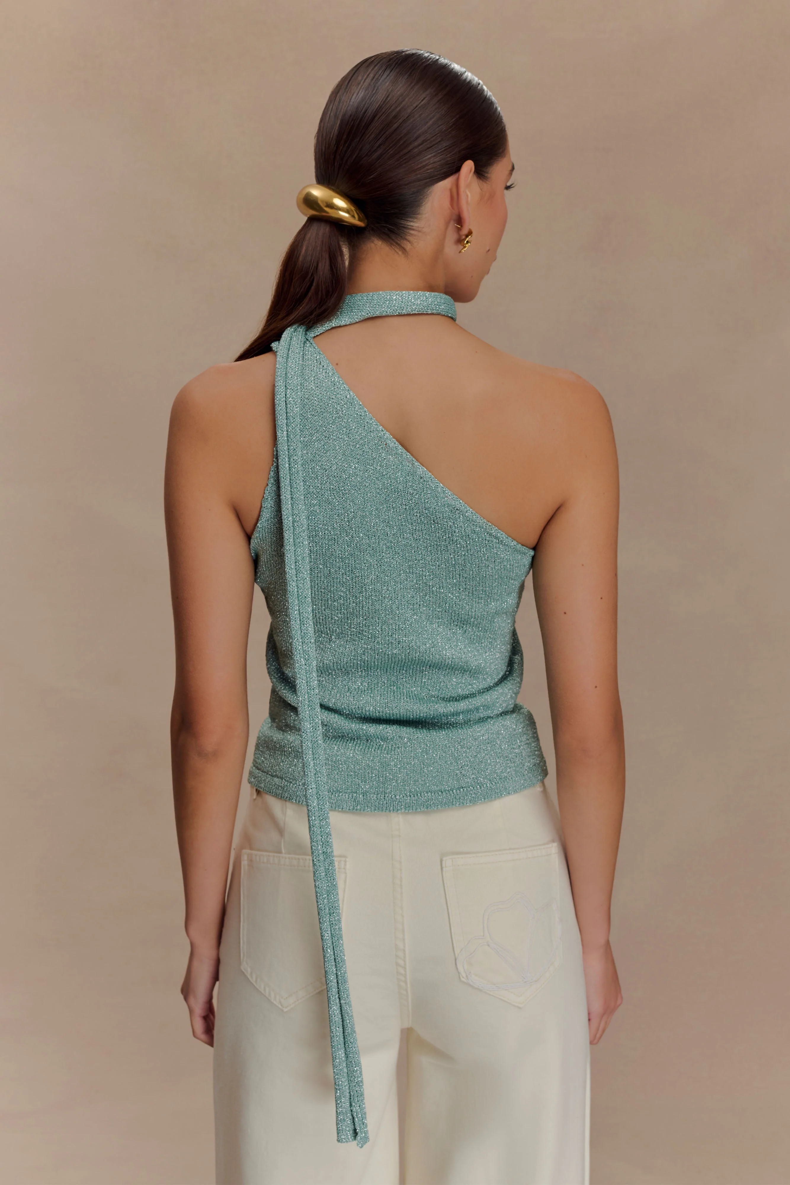 Leone One Shoulder Metallic Knit Top - Aqua - Image 2