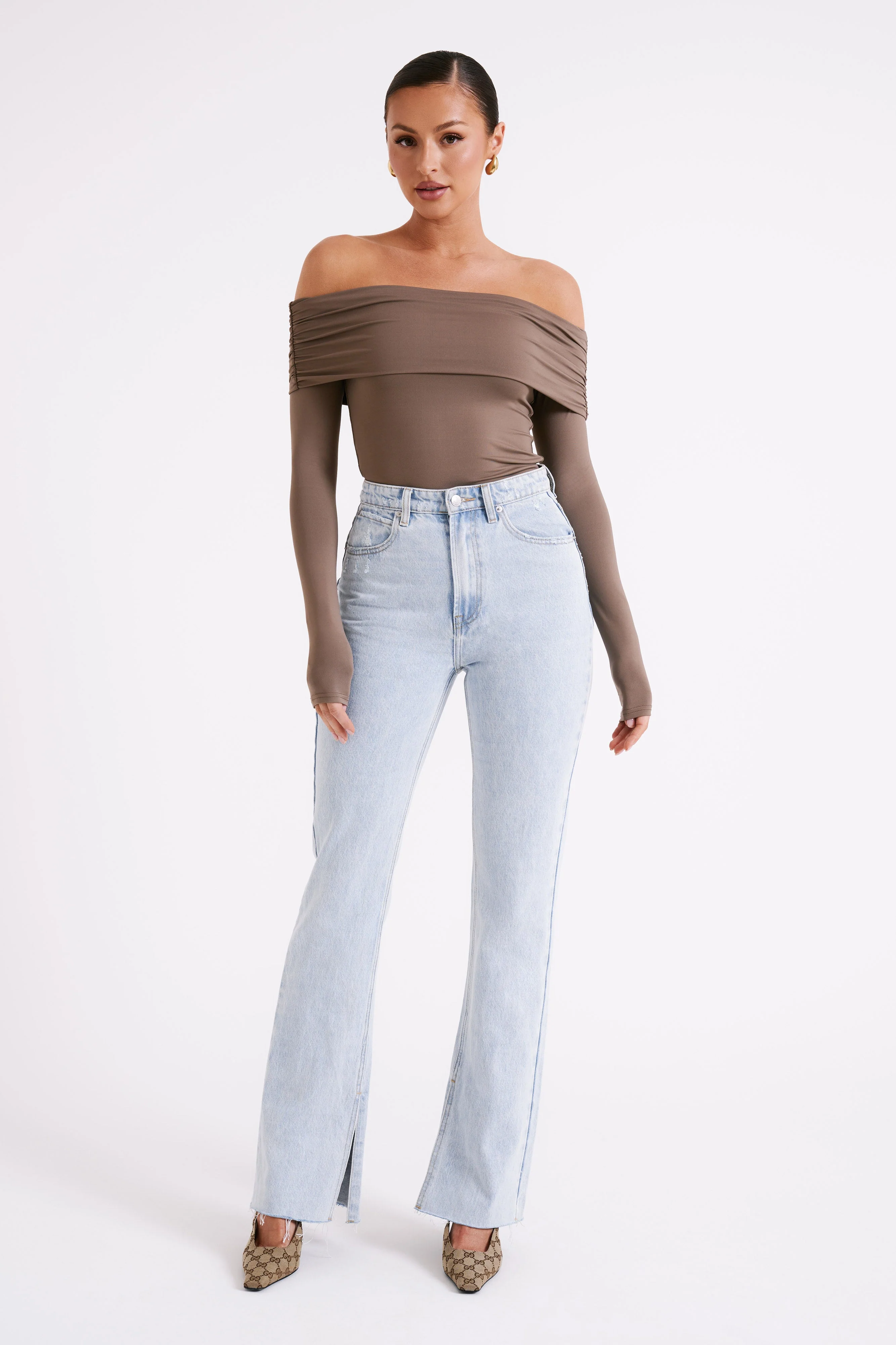 Lucinda Recycled Nylon Off Shoulder Top - Coco - Image 5