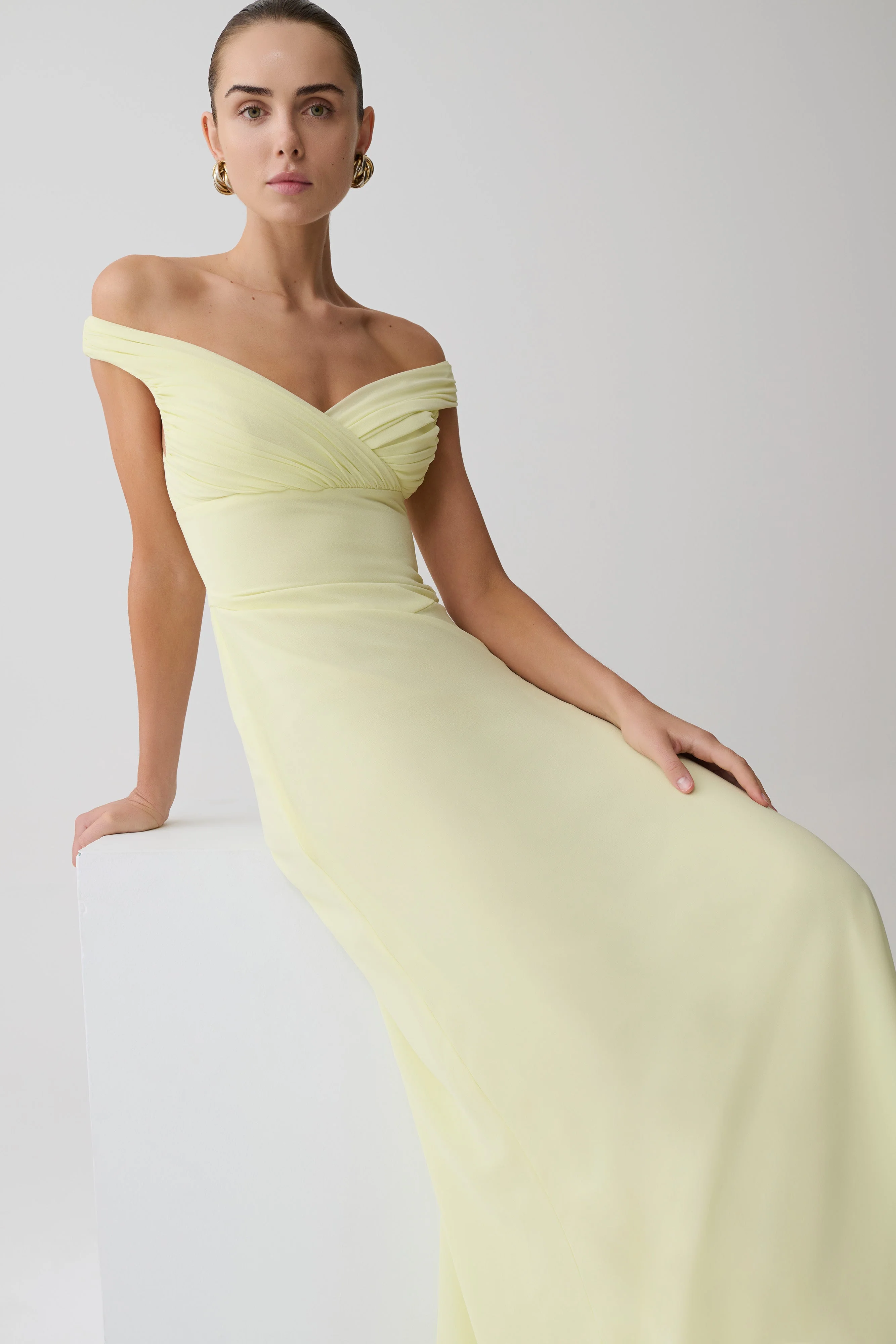 Mabel Off Shoulder Chiffon Maxi Dress - Lemon - Image 10