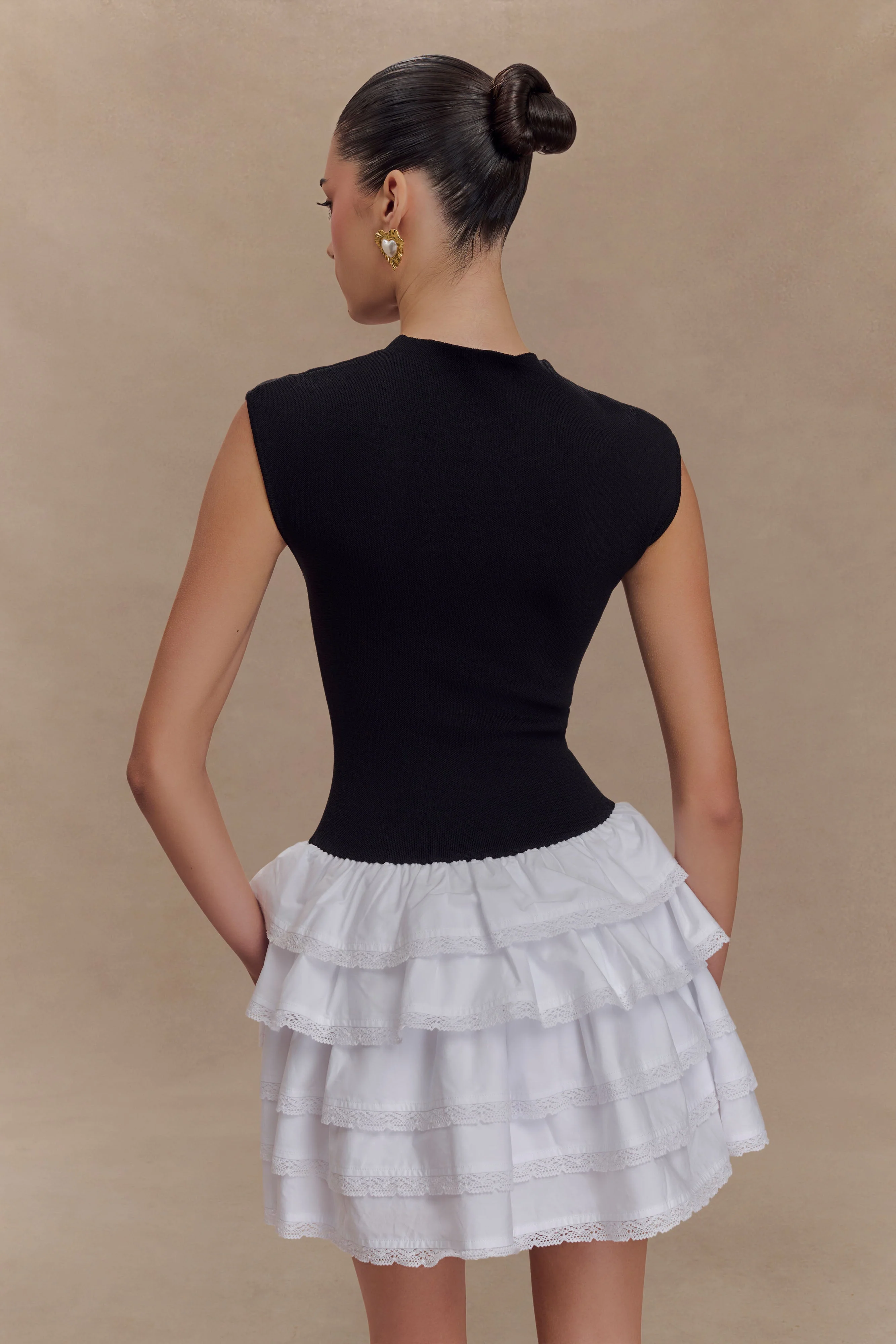Maeve Contrast Ruffle Knit Mini Dress - Black/White - Image 3