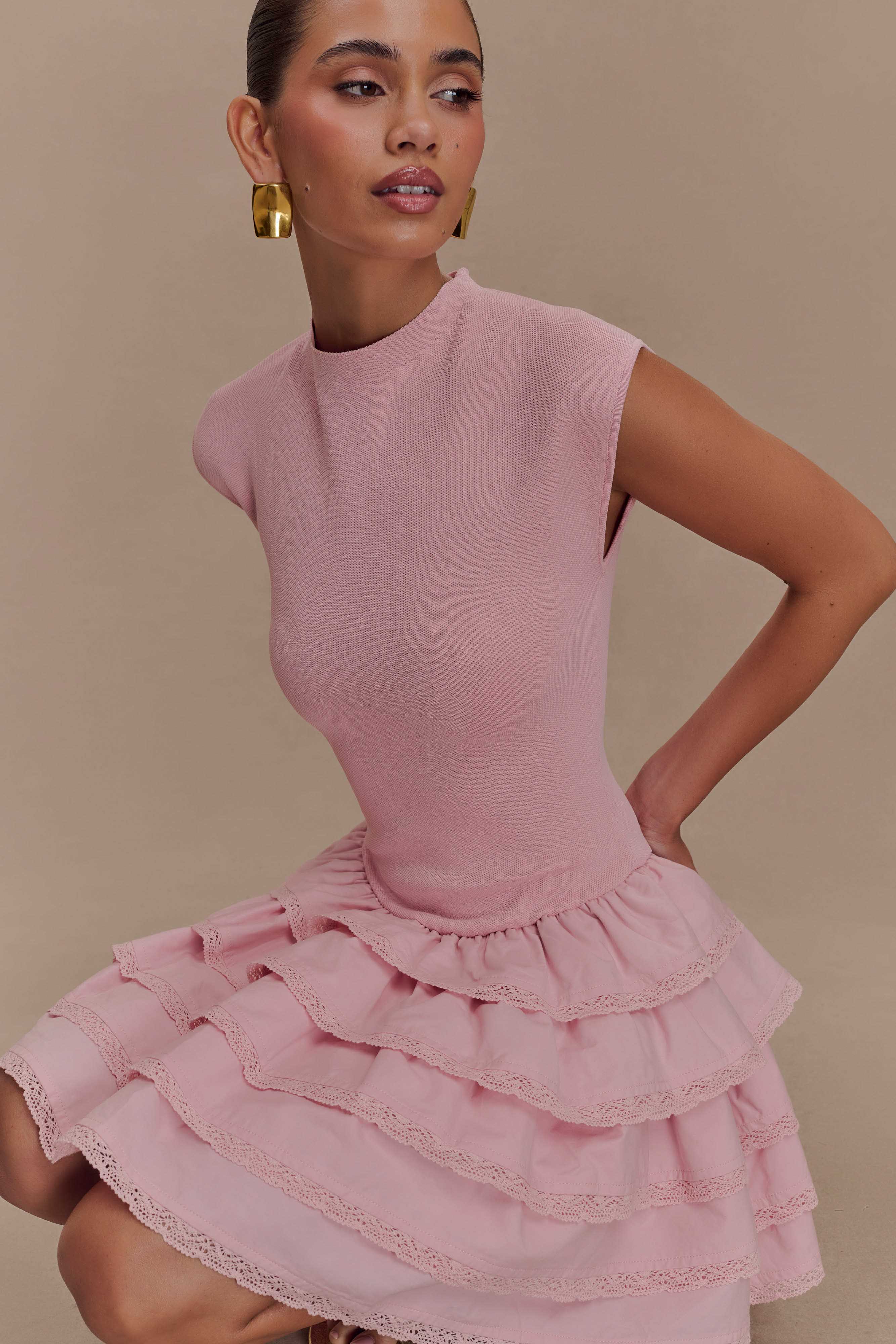 Maeve Ruffle Knit Mini Dress - Dusty Pink - Image 3