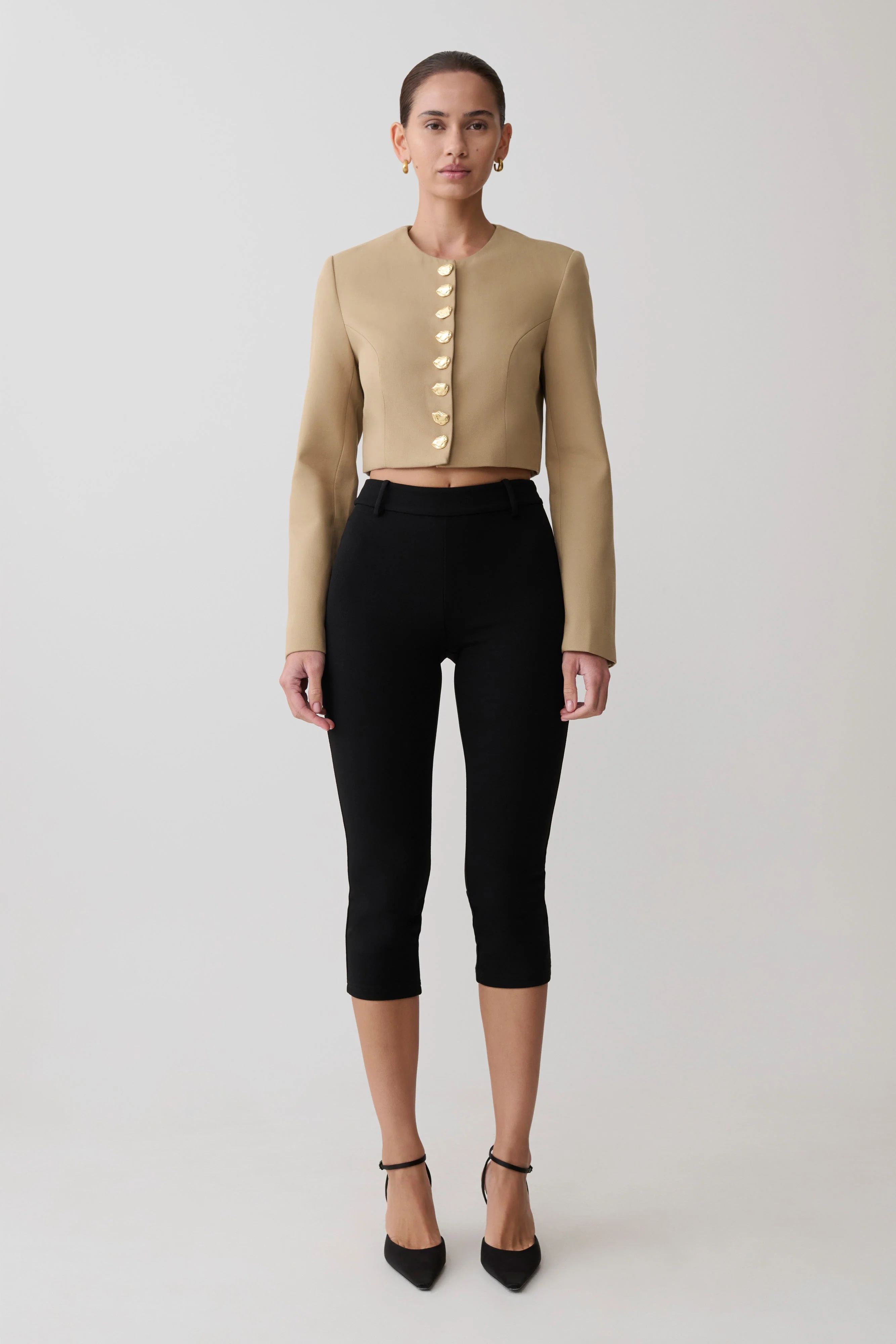 Marielle Button Up Cropped Jacket - Taupe - Image 3