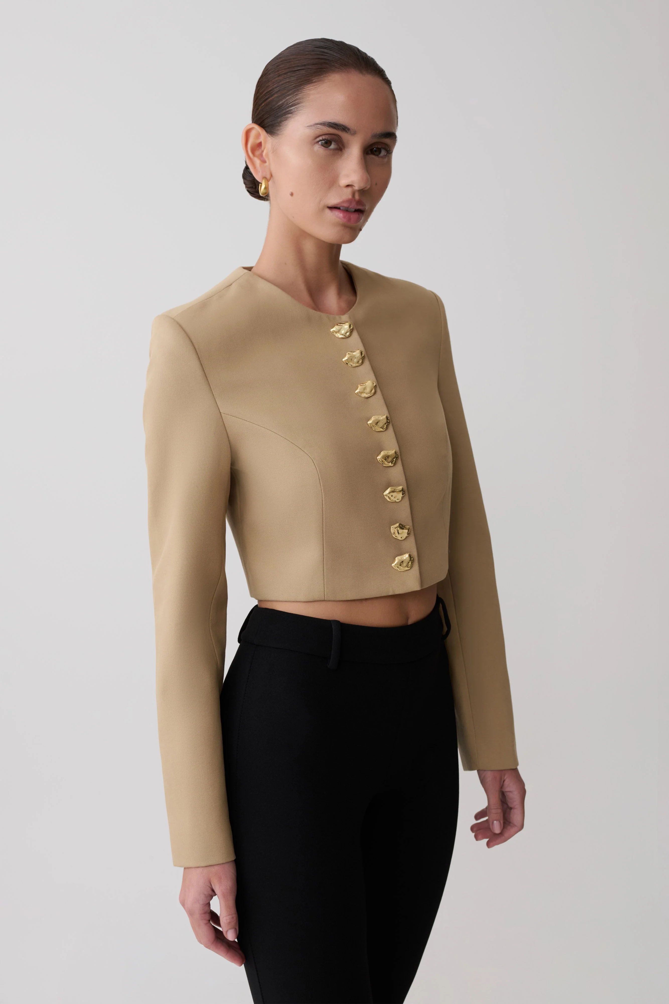 Marielle Button Up Cropped Jacket - Taupe - Image 5