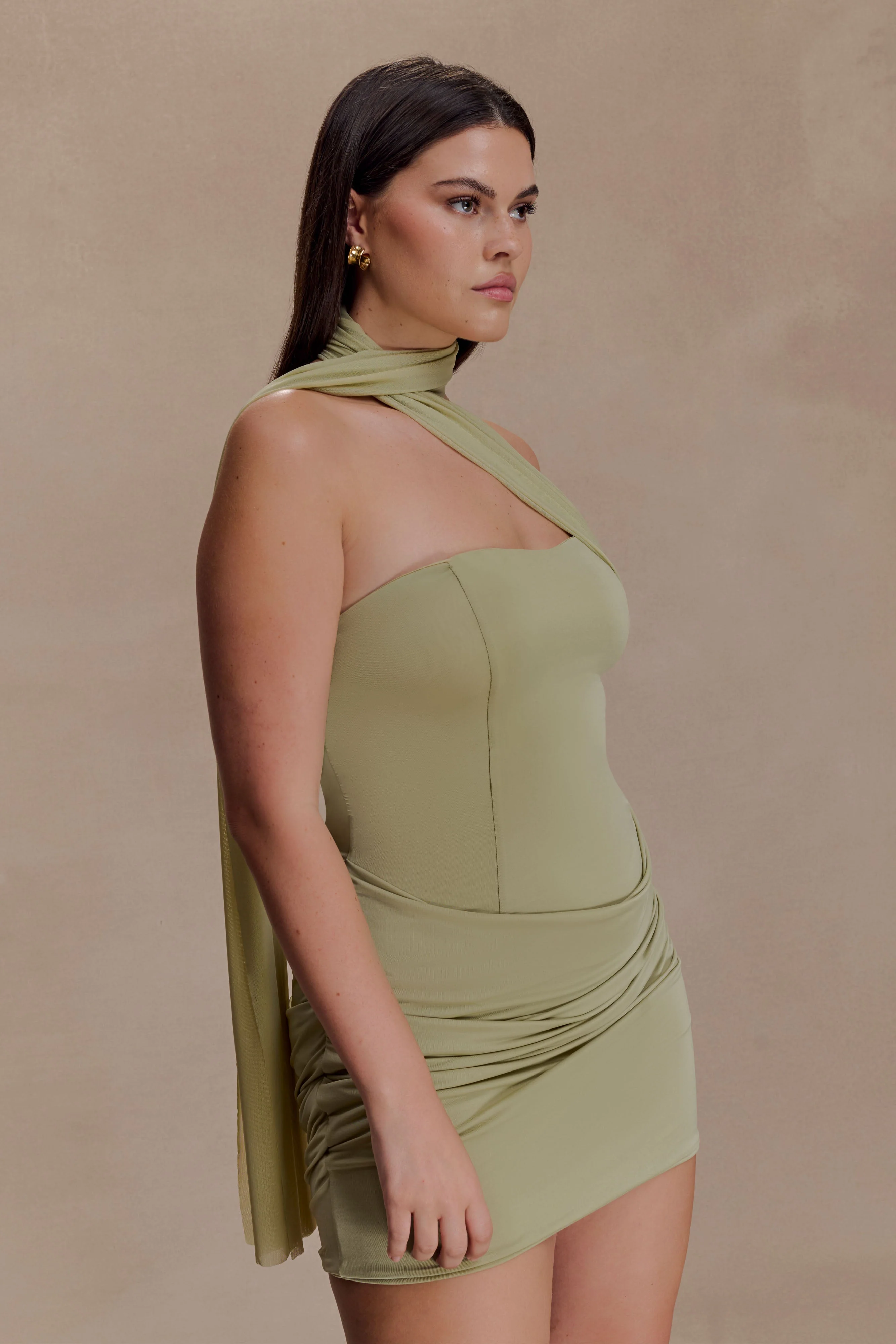 Mattea Slinky And Mesh Mini Dress With Scarf - Sage - Image 4