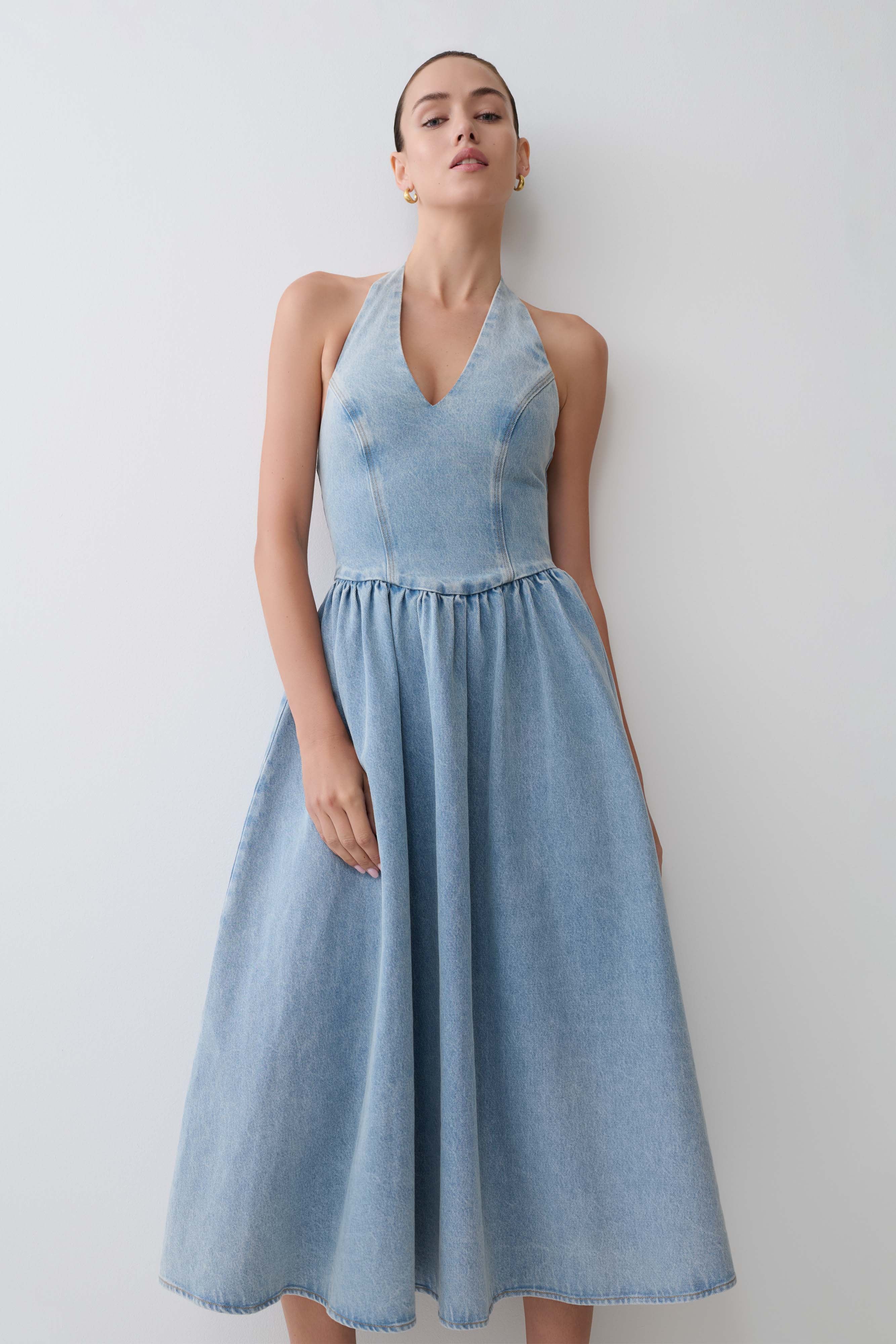 Miller Denim Halter Midi Dress - Classic Blue - Image 6