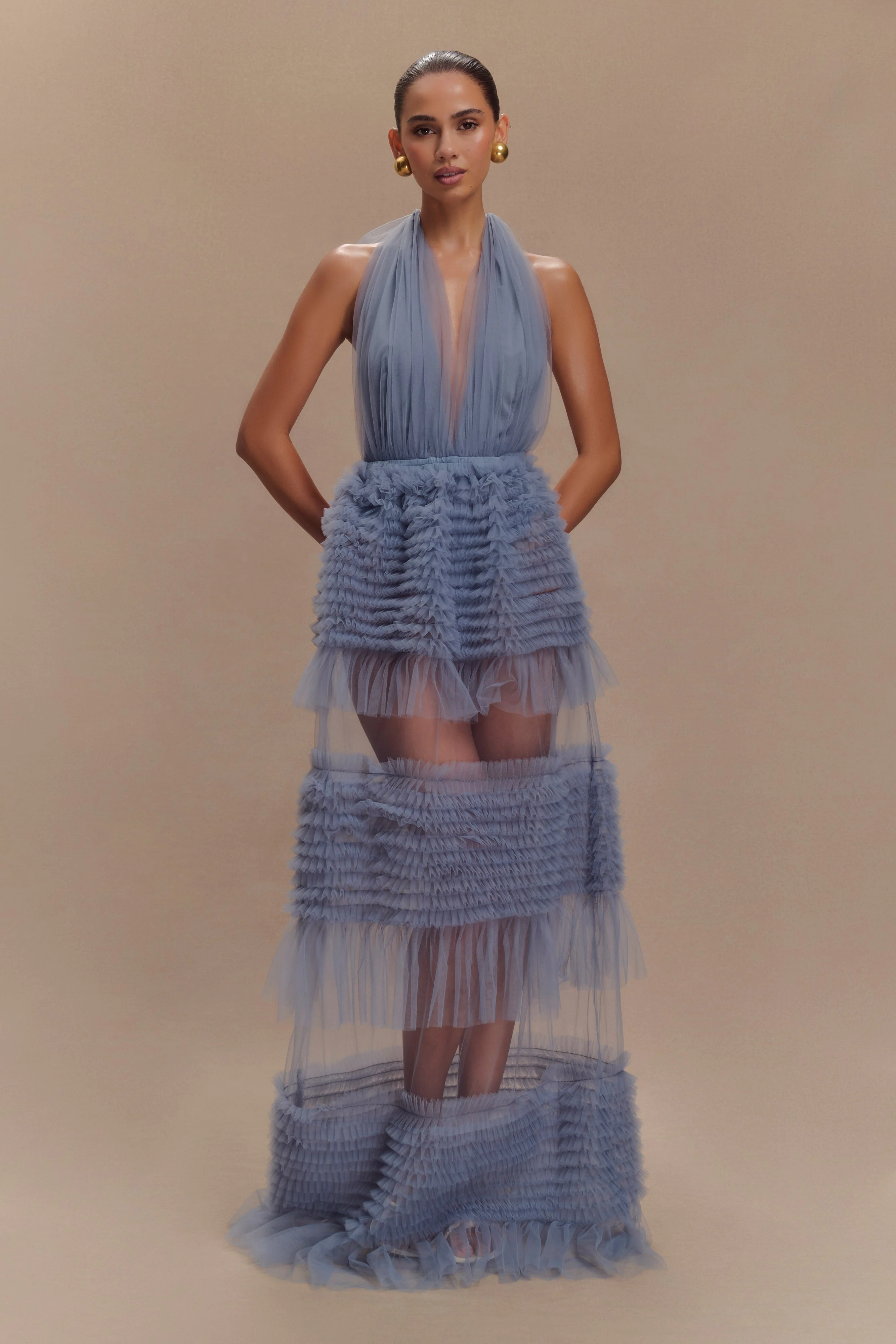 Minka Mesh Ruffle Halter Maxi Dress - Dusty Blue - Image 5