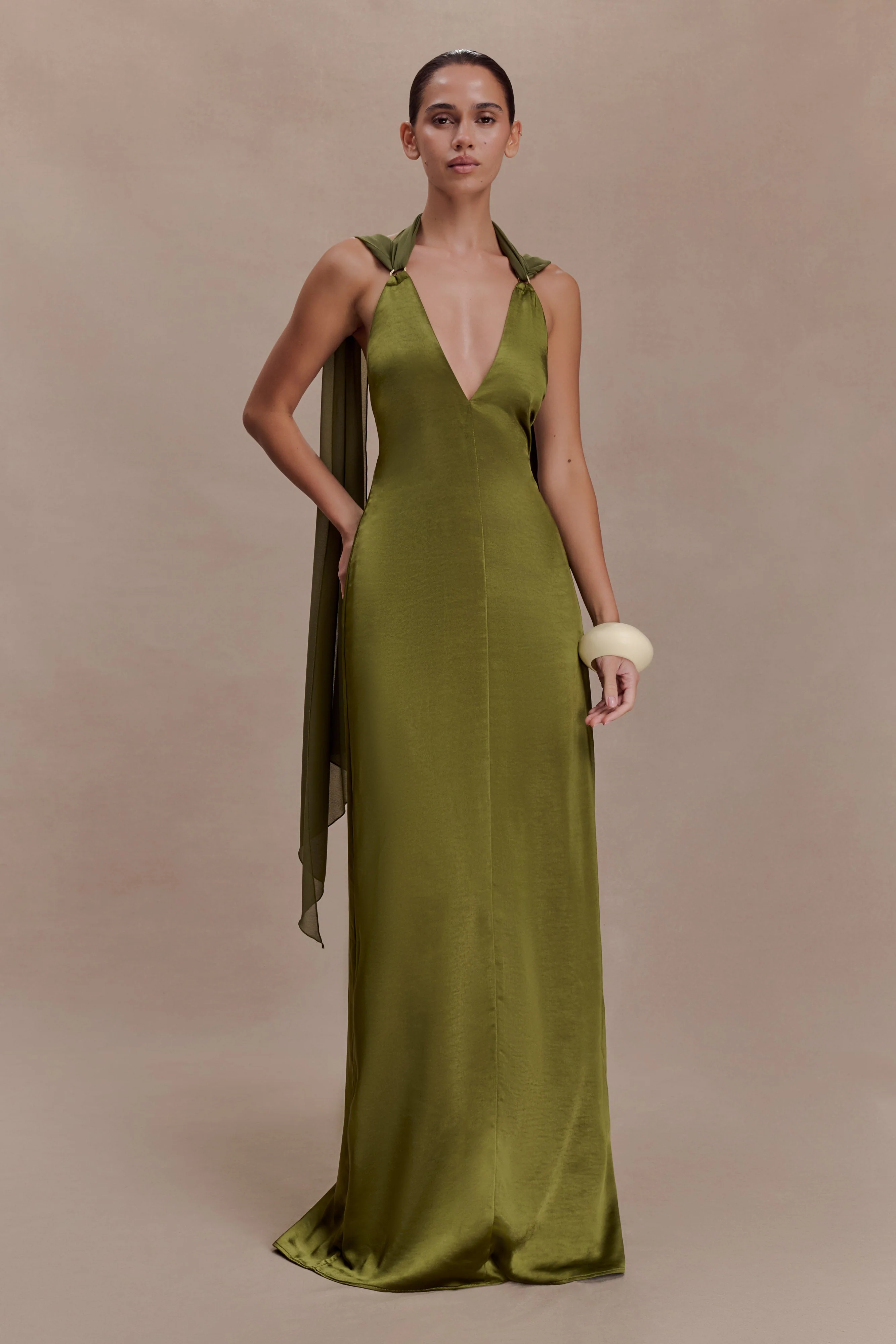 Myla Draped Shoulders Satin Maxi Dress - Khaki - Image 5