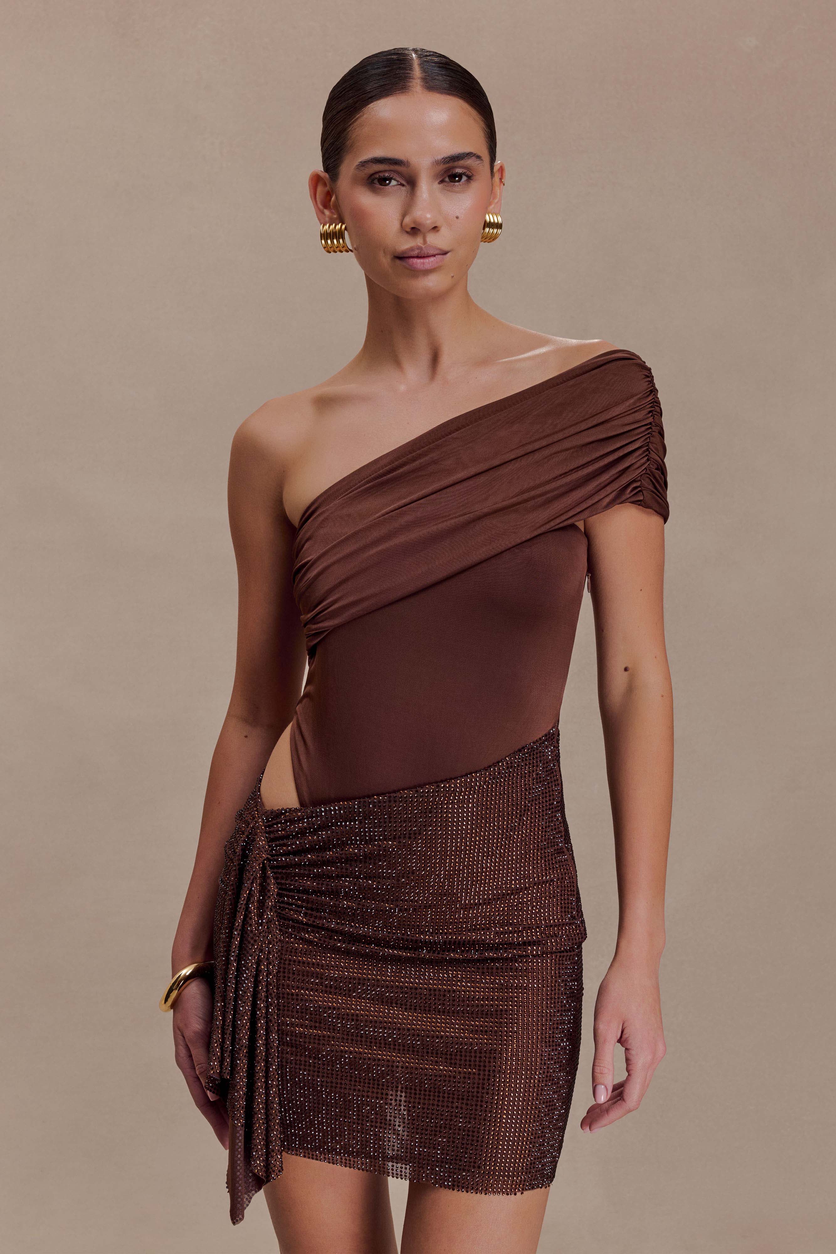 Paisley Slinky And Diamante Mini Dress - Chocolate - Image 6