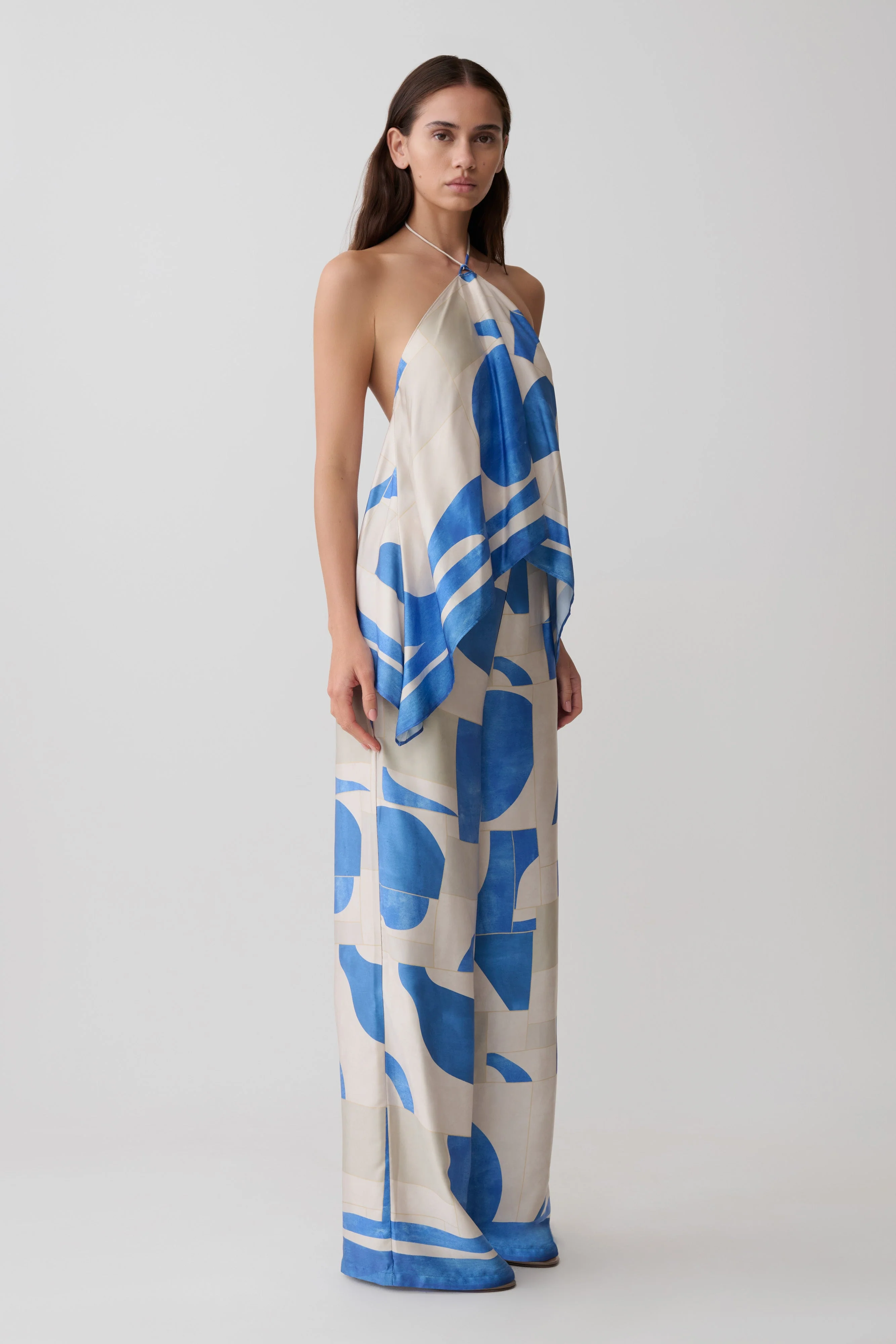 Rachel Satin Straight Leg Pants - Blue Geo Tile Print - Image 4