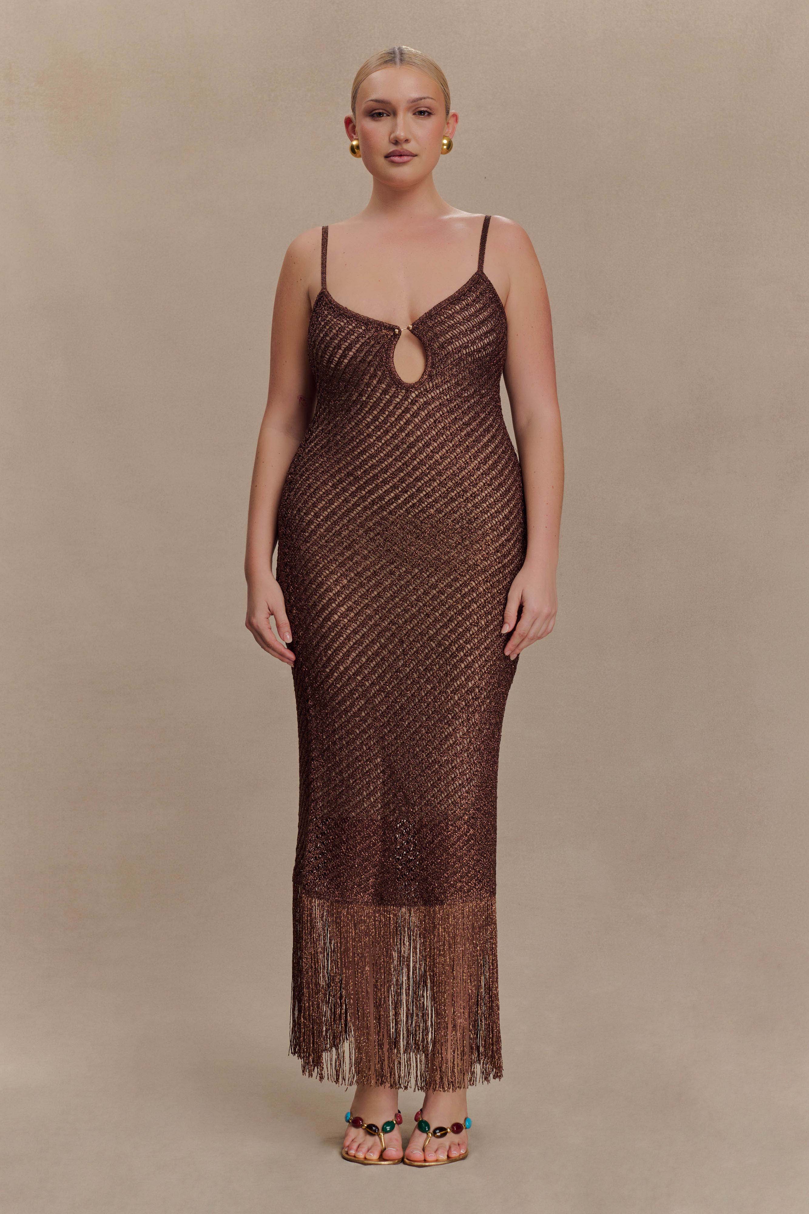 Raelynn Metallic Knit Fringe Midi Dress - Dark Chocolate - Image 6