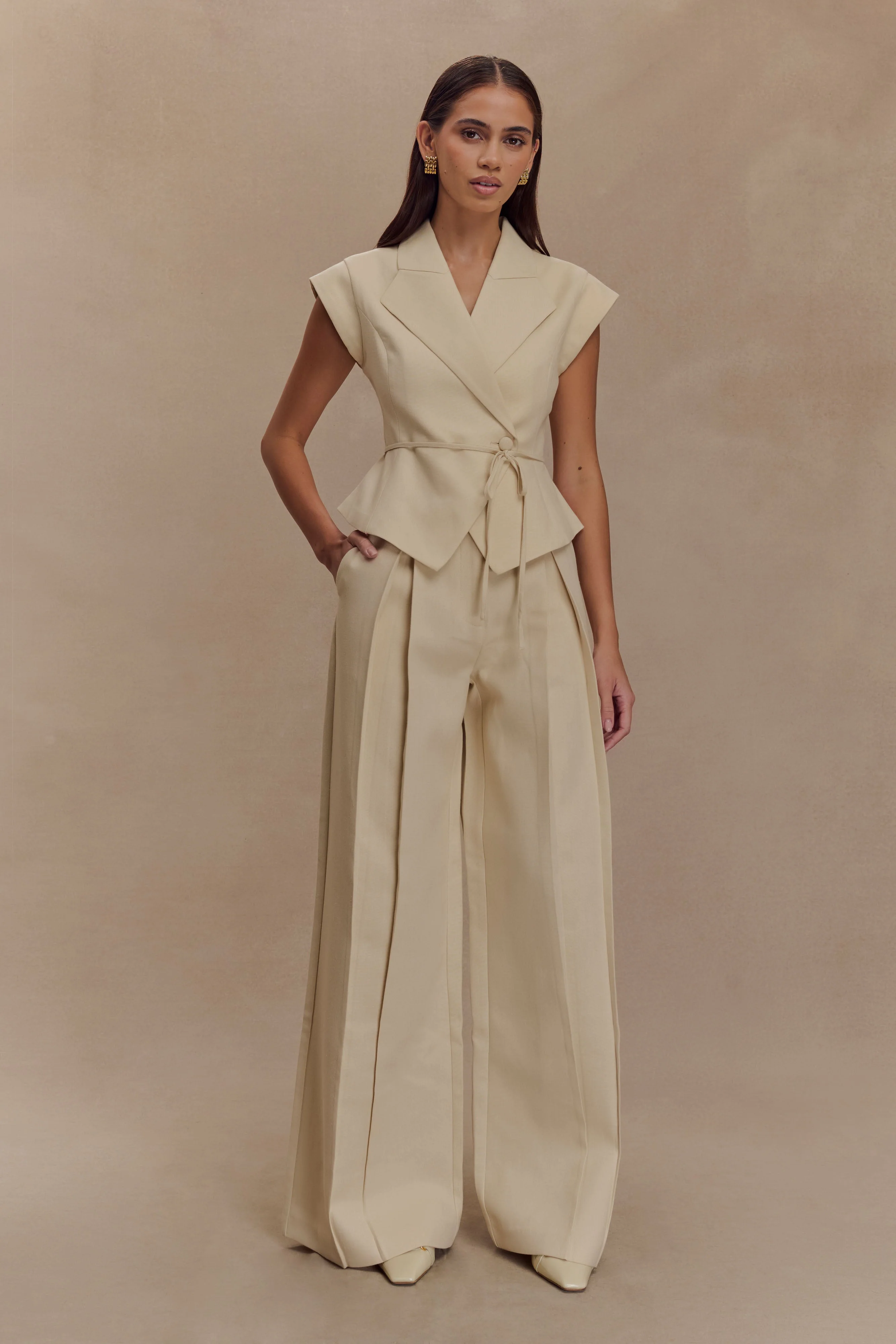 Raya Mid Rise Wide Leg Linen Pant - Natural Beige - Image 2