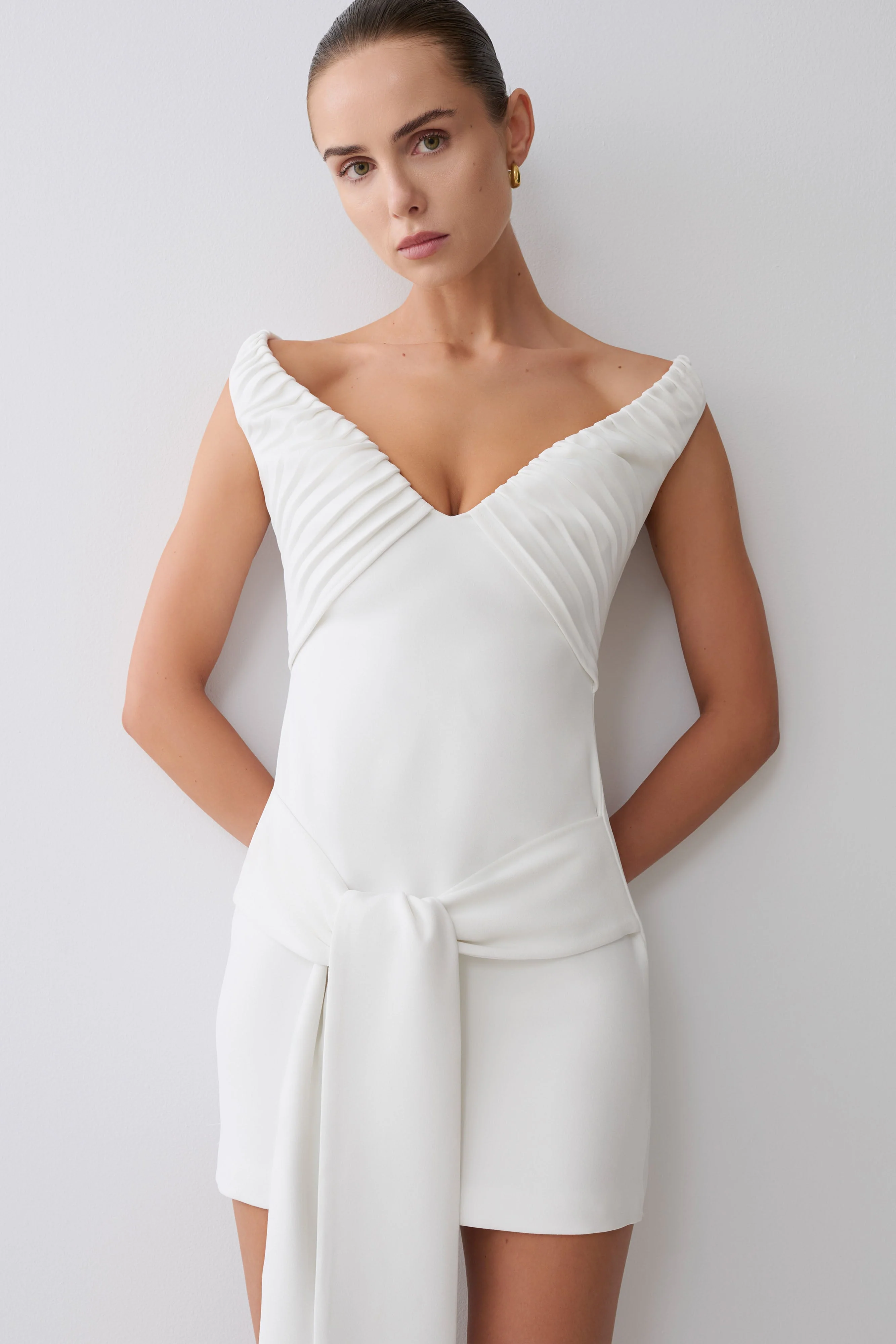 Runa Off Shoulder Mini Dress With Waist Tie - White - Image 8