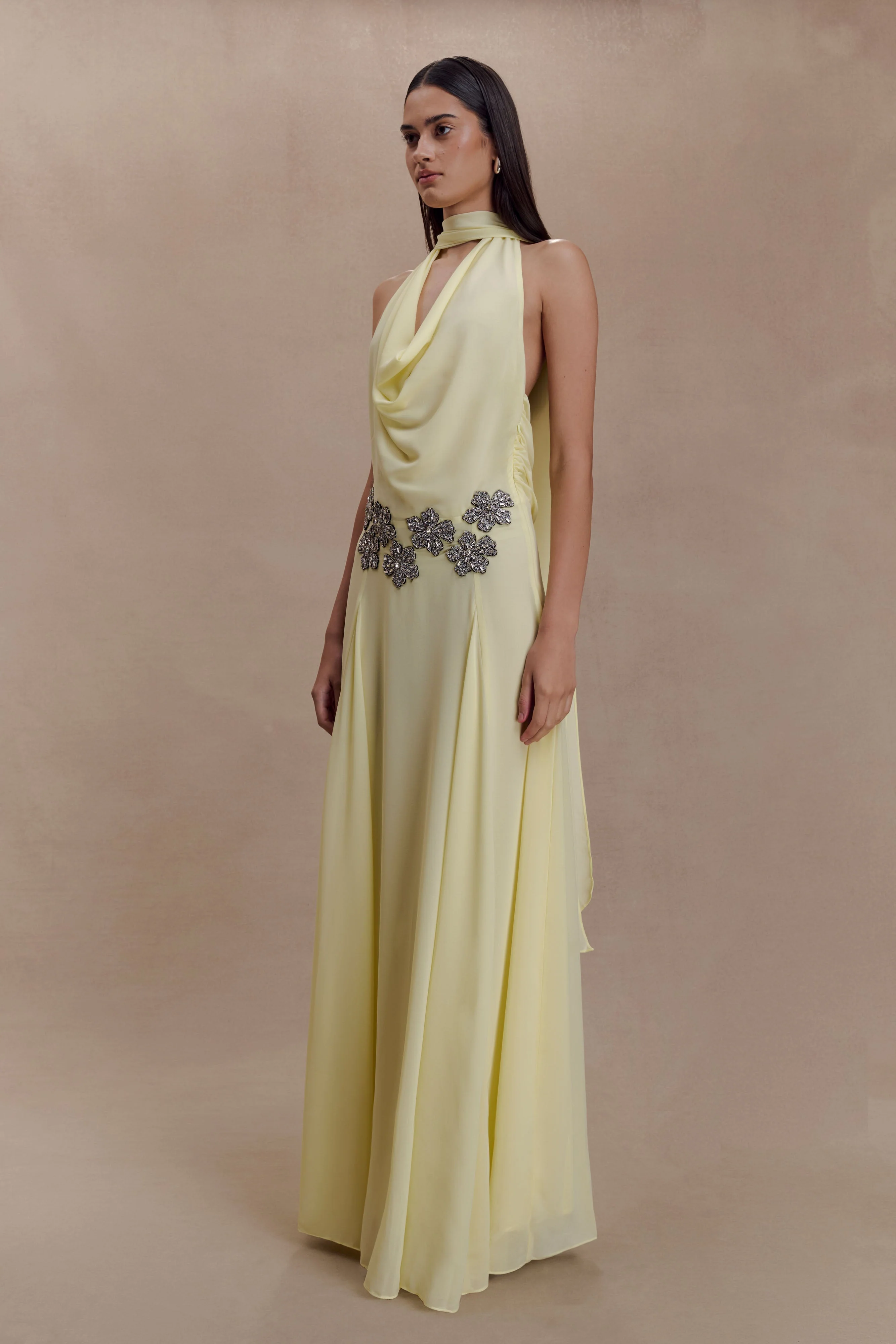Santal Floral Chiffon Halter Maxi Dress - Lemon - Image 3