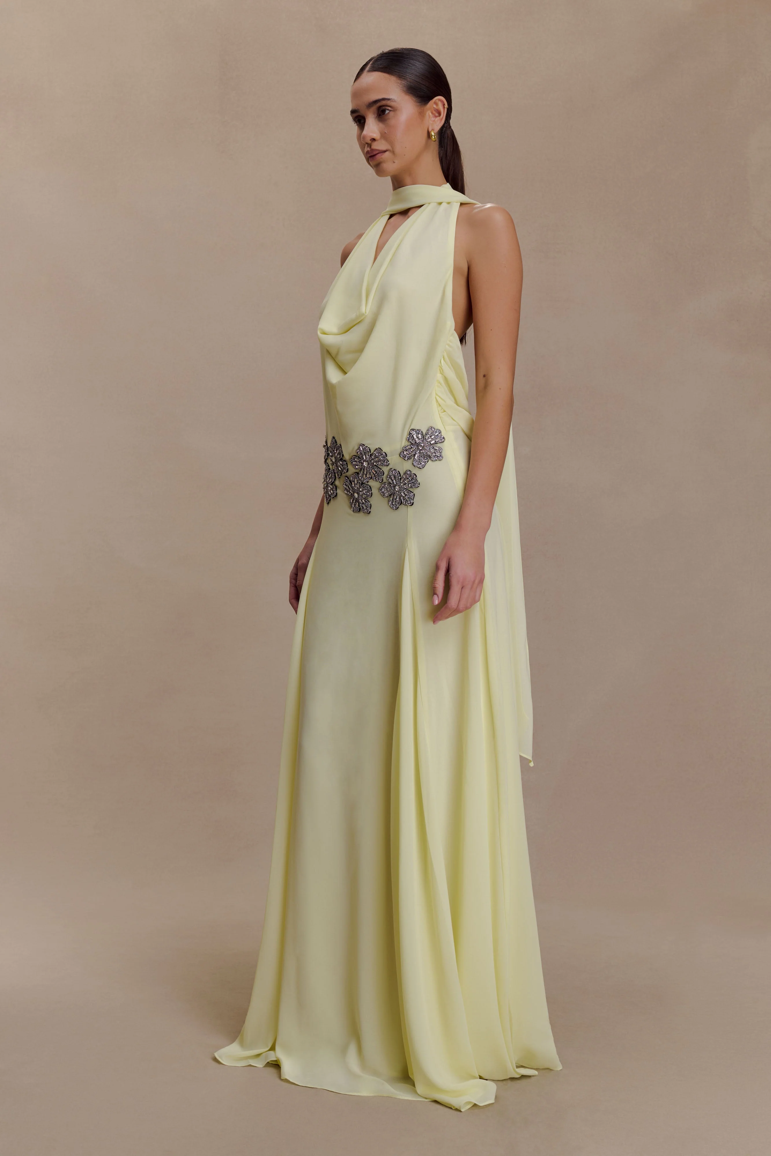 Santal Floral Chiffon Halter Maxi Dress - Lemon - Image 7