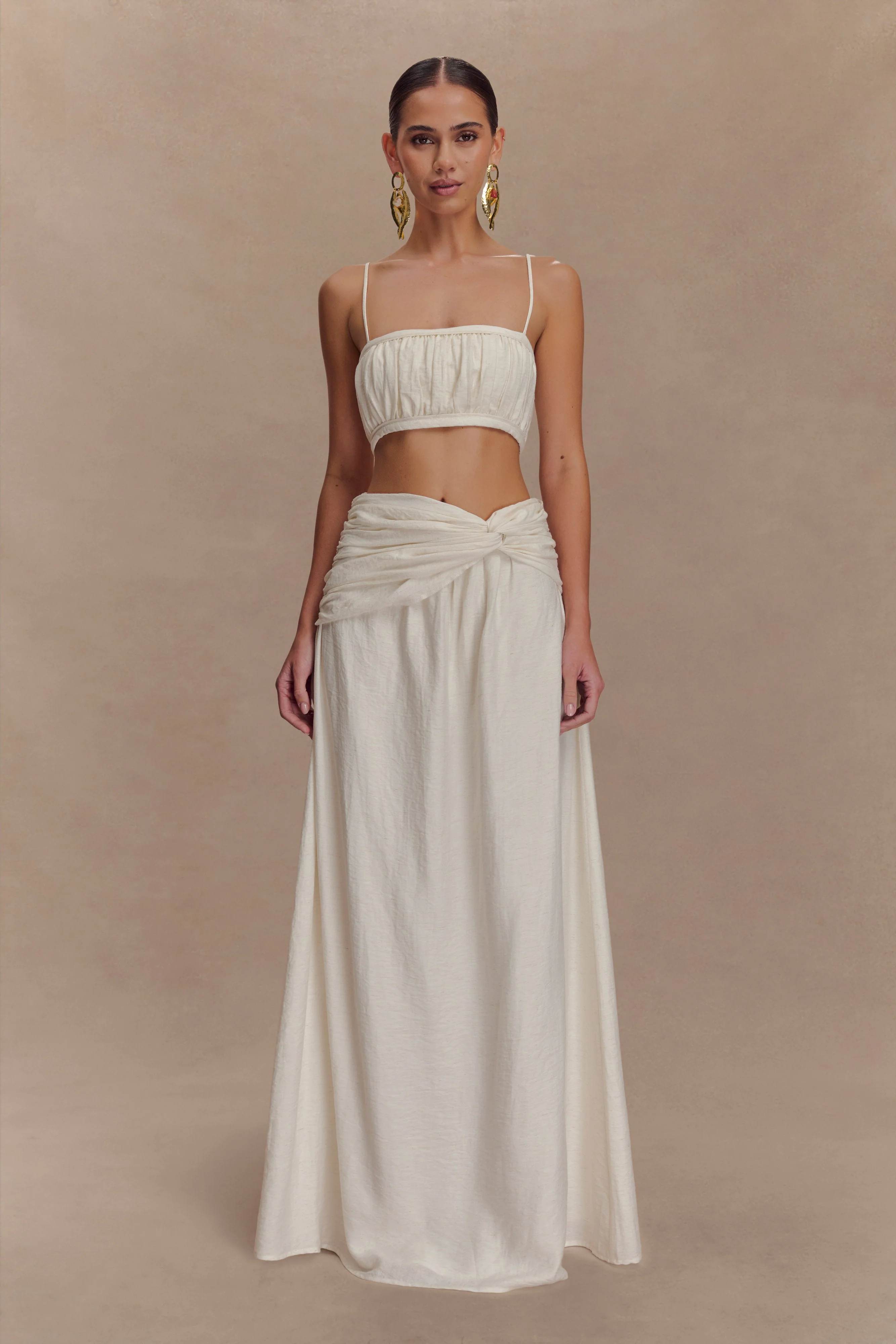 Scottie Gathered Linen Knot Maxi Skirt - Oat Marle - Image 2