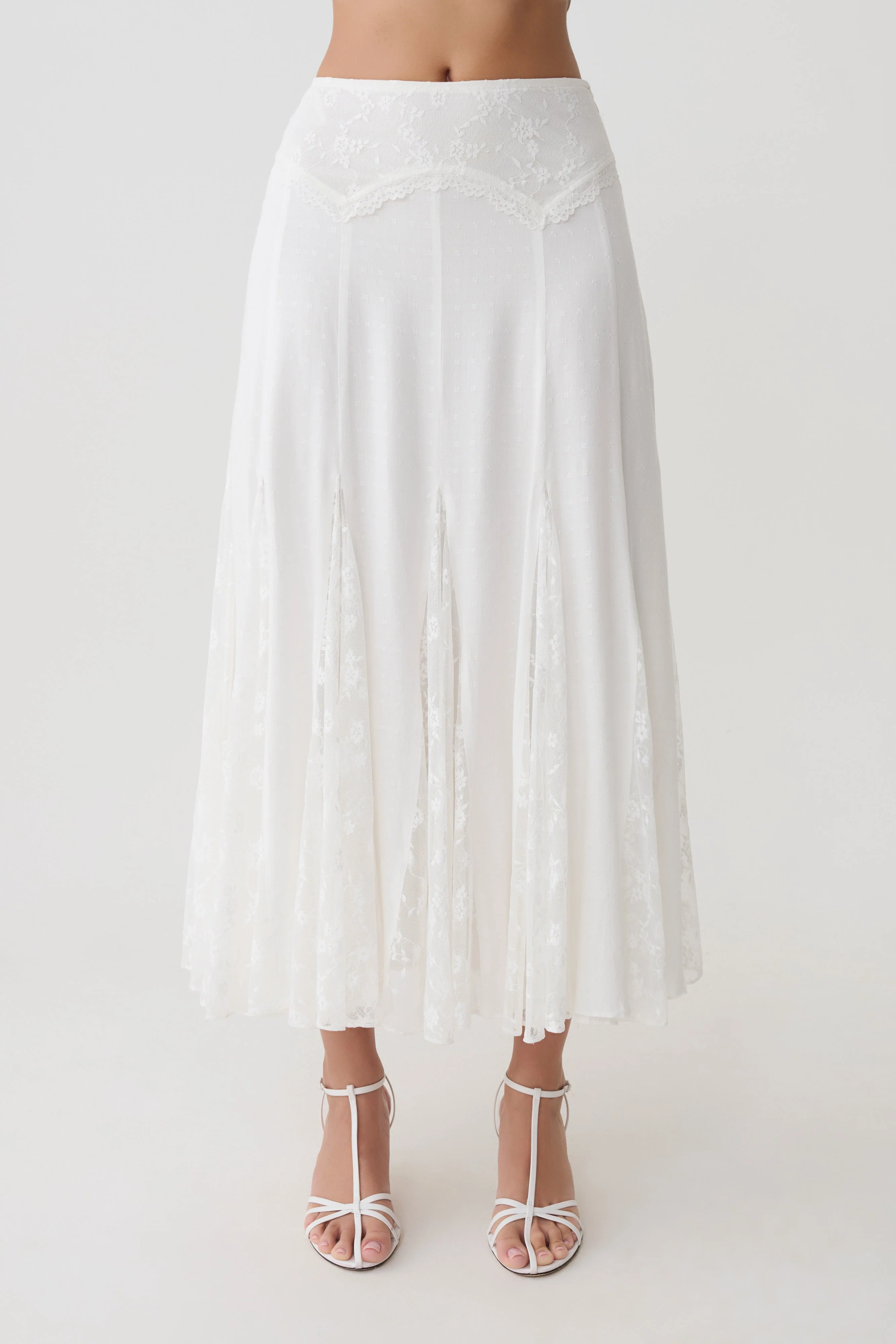 Skylar Lace Panelled Midi Skirt - White - Image 9