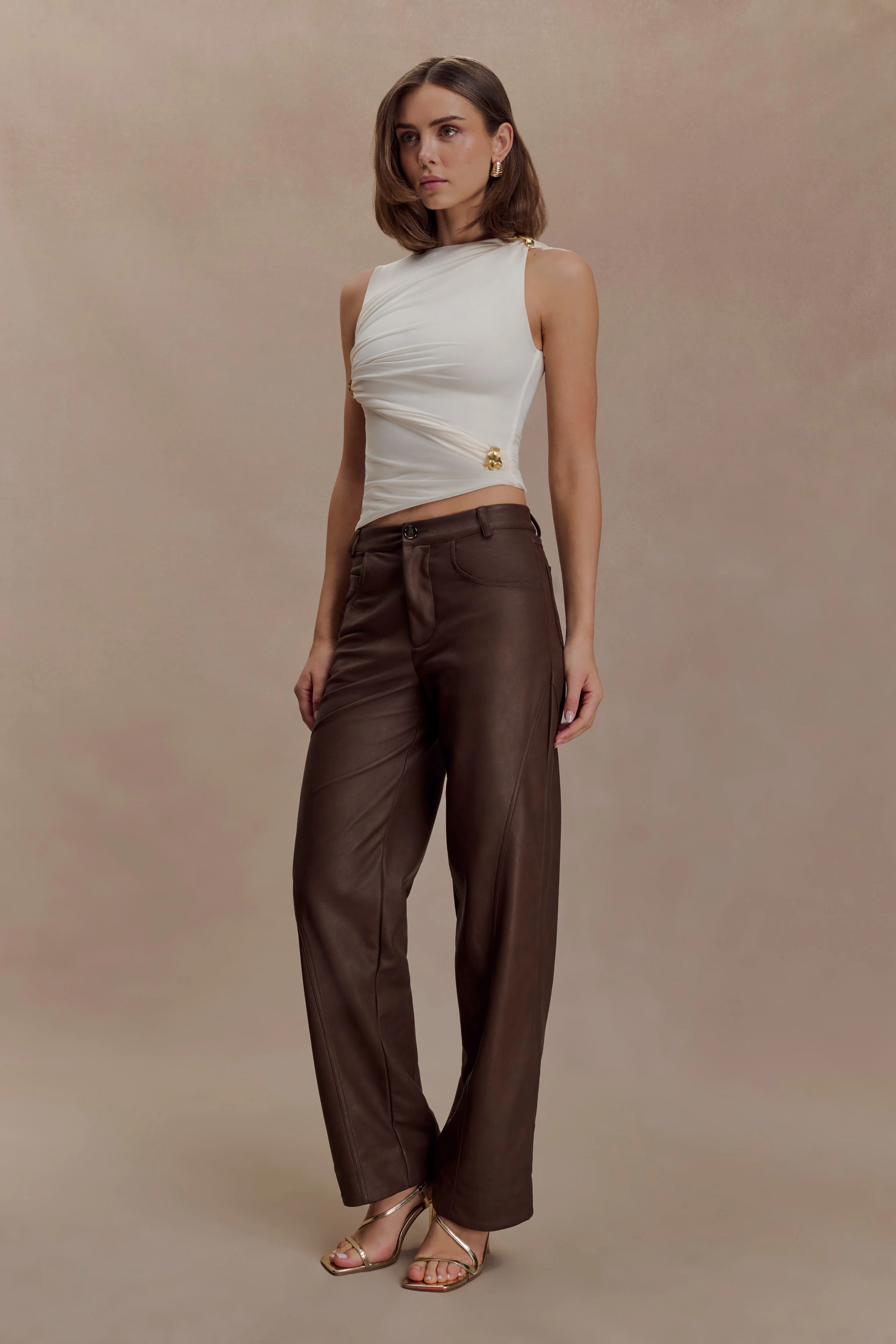 Theo Faux Leather Mid Rise Pants - Dark Chocolate - Image 3