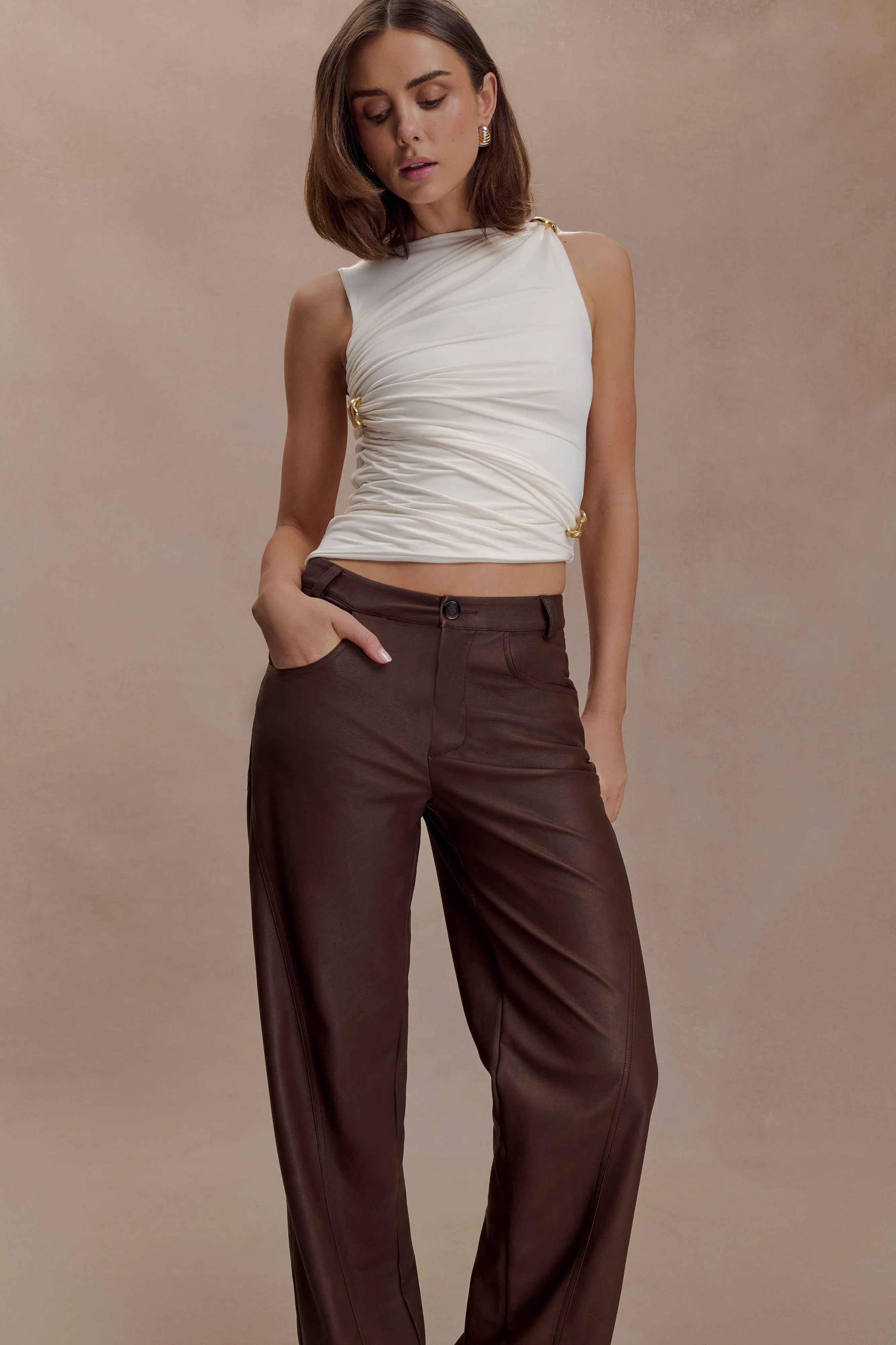 Theo Faux Leather Mid Rise Pants - Dark Chocolate - Image 4