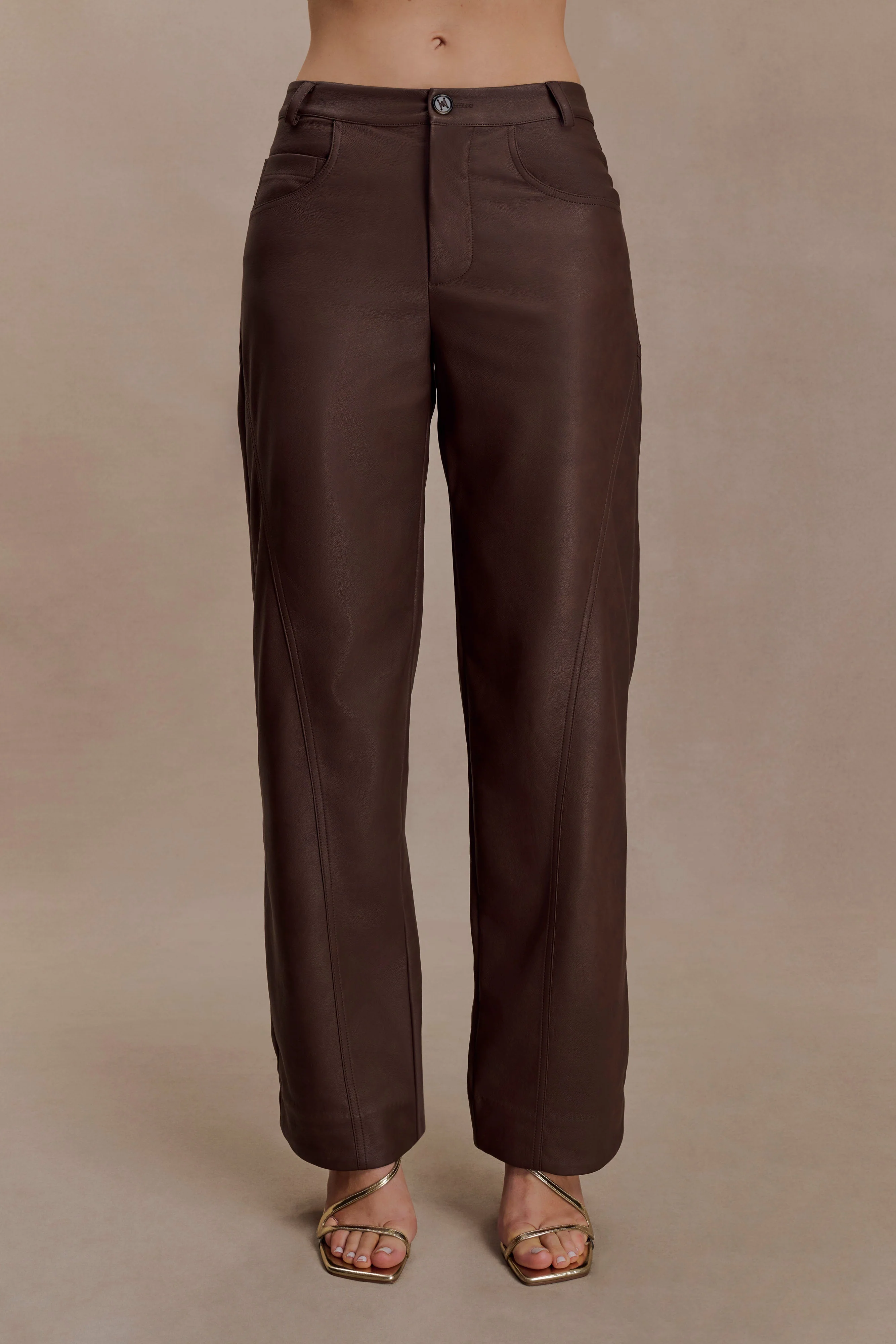 Theo Faux Leather Mid Rise Pants - Dark Chocolate - Image 7