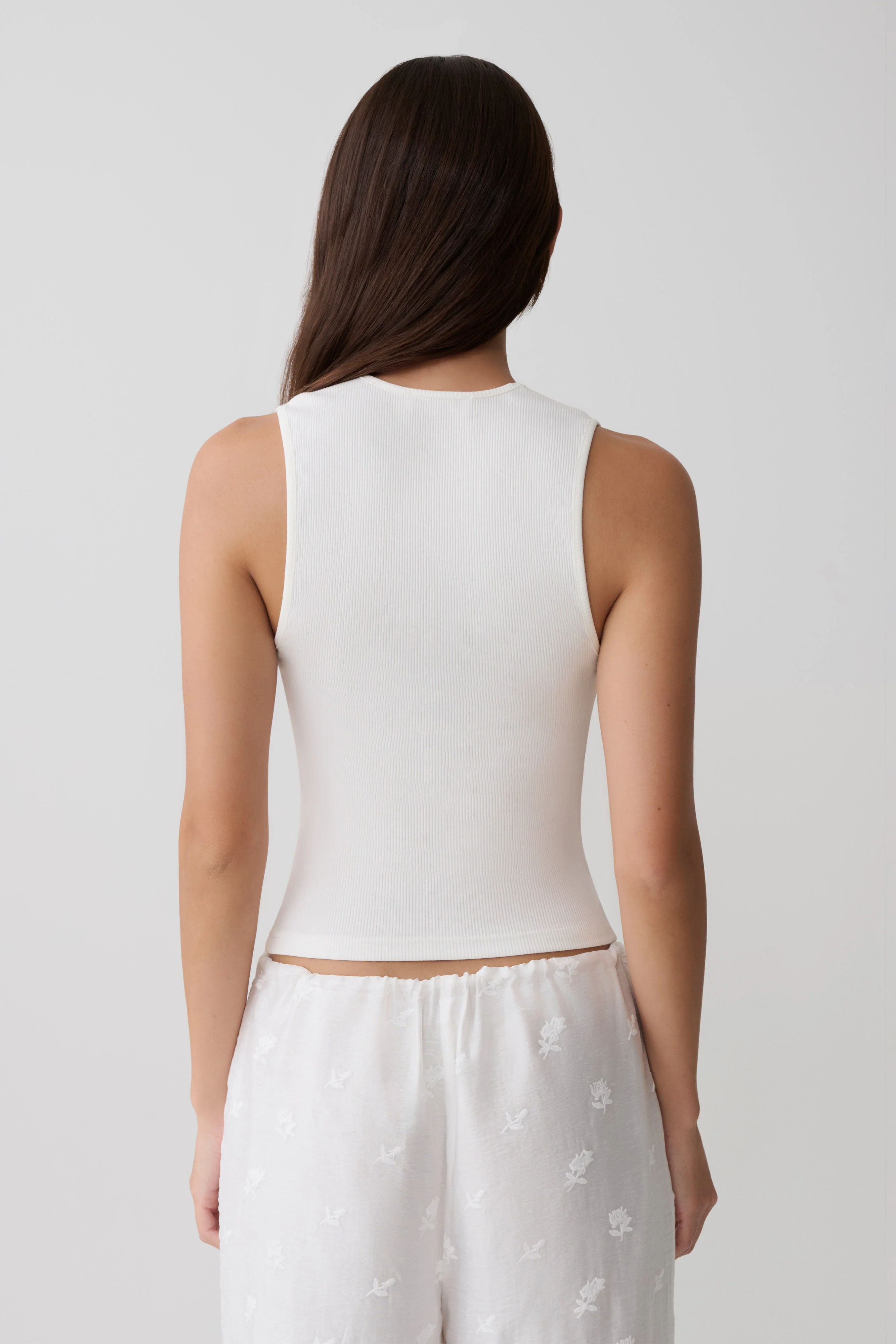 Vianna Broderie Ribbed Tank Top - Ivory - Image 2
