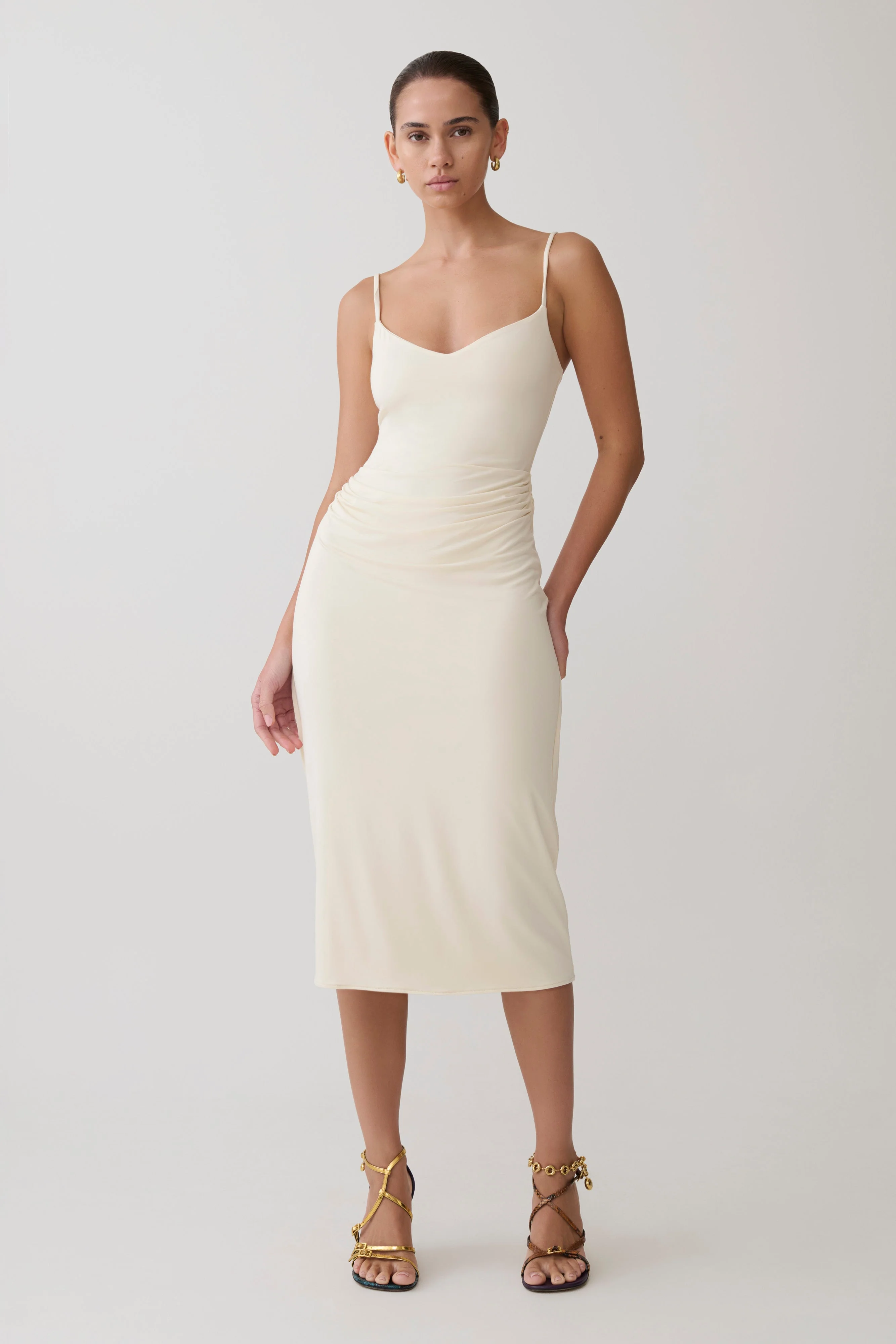 Vina Gathered Jersey Midi Dress - Ivory - Image 6