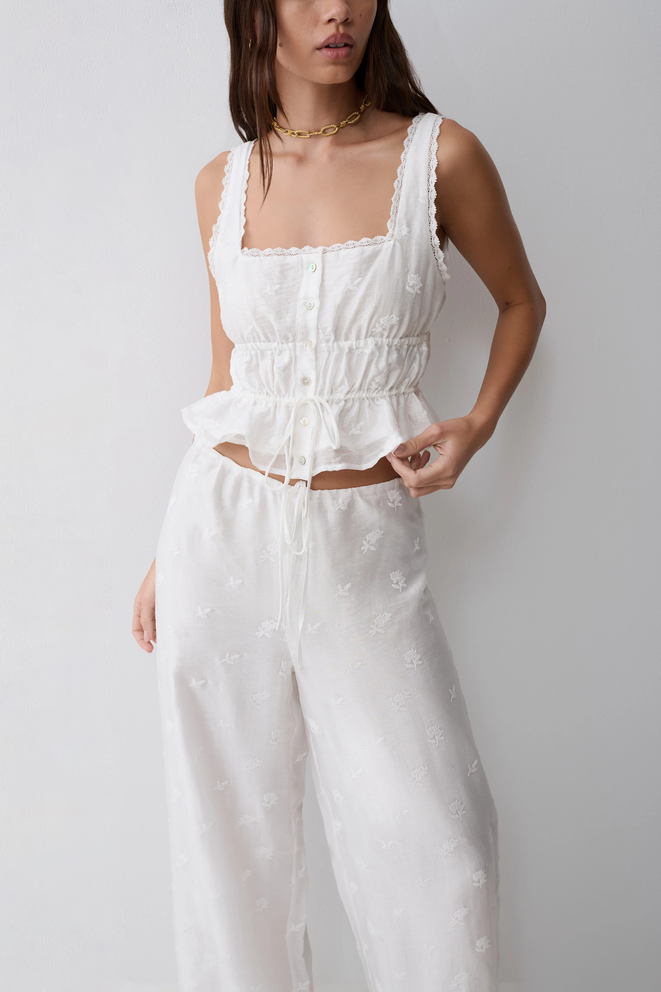 Vivian Tie Waist Embroidered Pant - White - Image 3