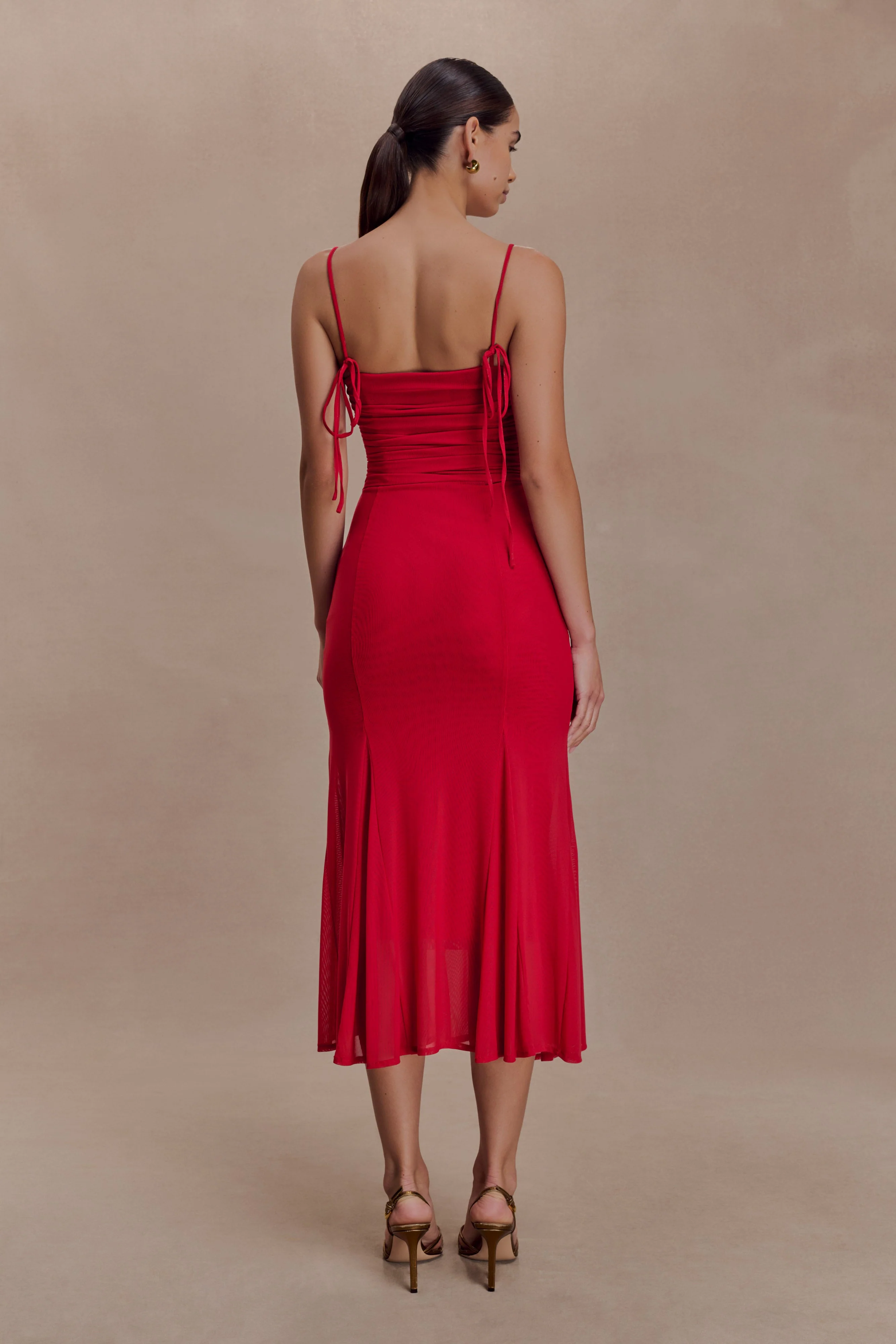Willa Gathered Mesh Midi Dress - Ruby - Image 4