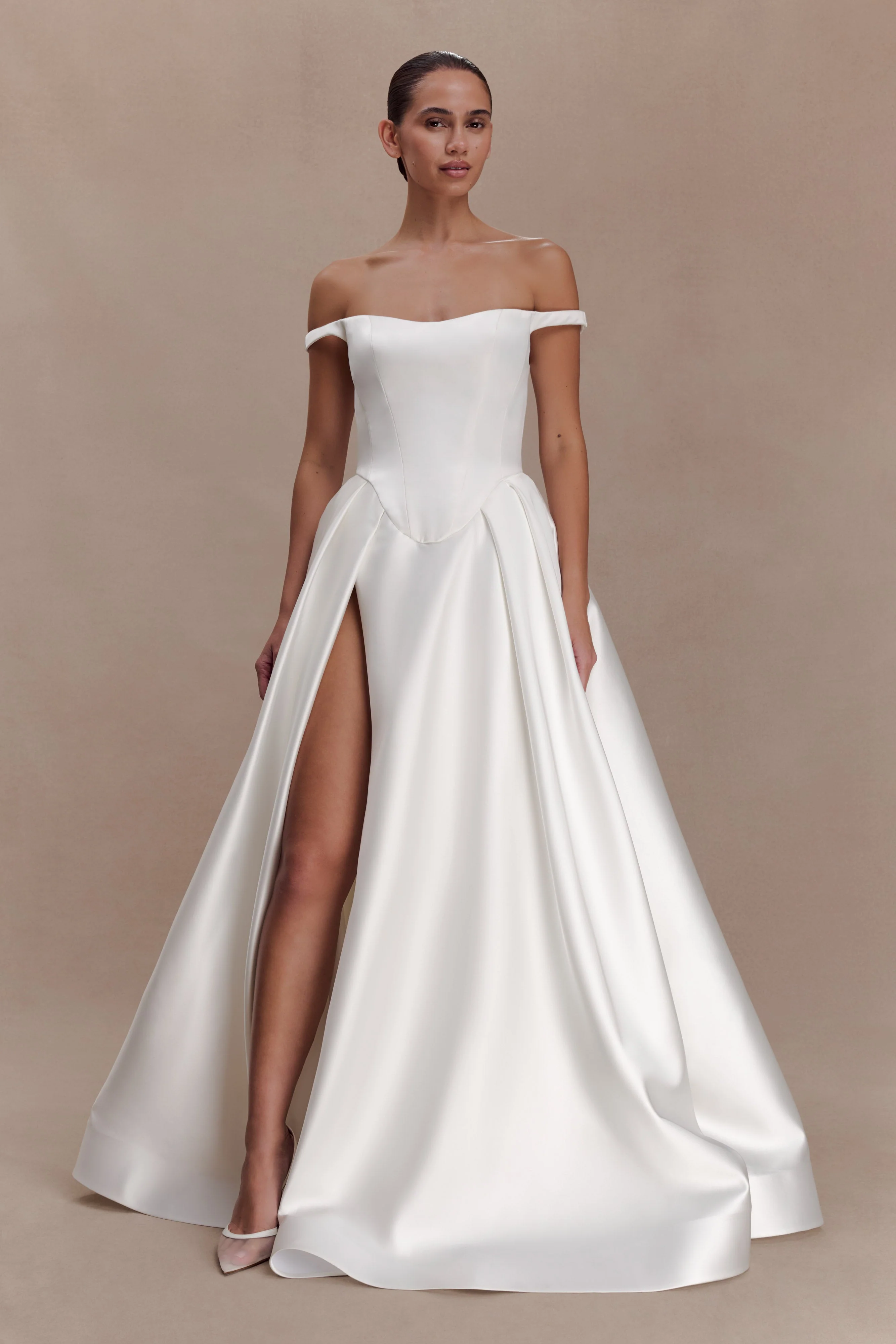 Willow Off Shoulder Satin Maxi Gown - White - Image 8