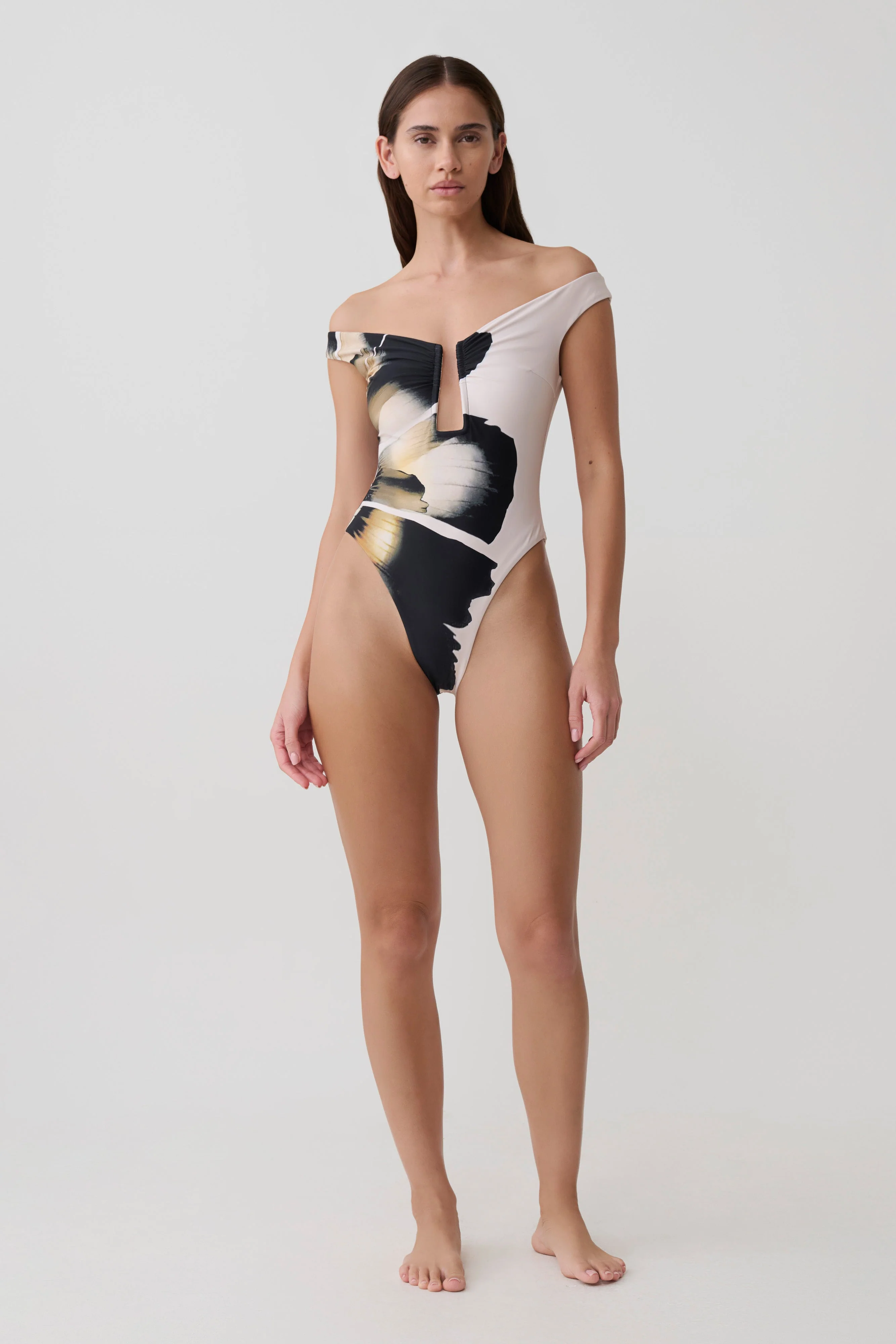 Yumi U-Wire Plunge One Piece Swimsuit - Ivory Base Floral Print - Image 6