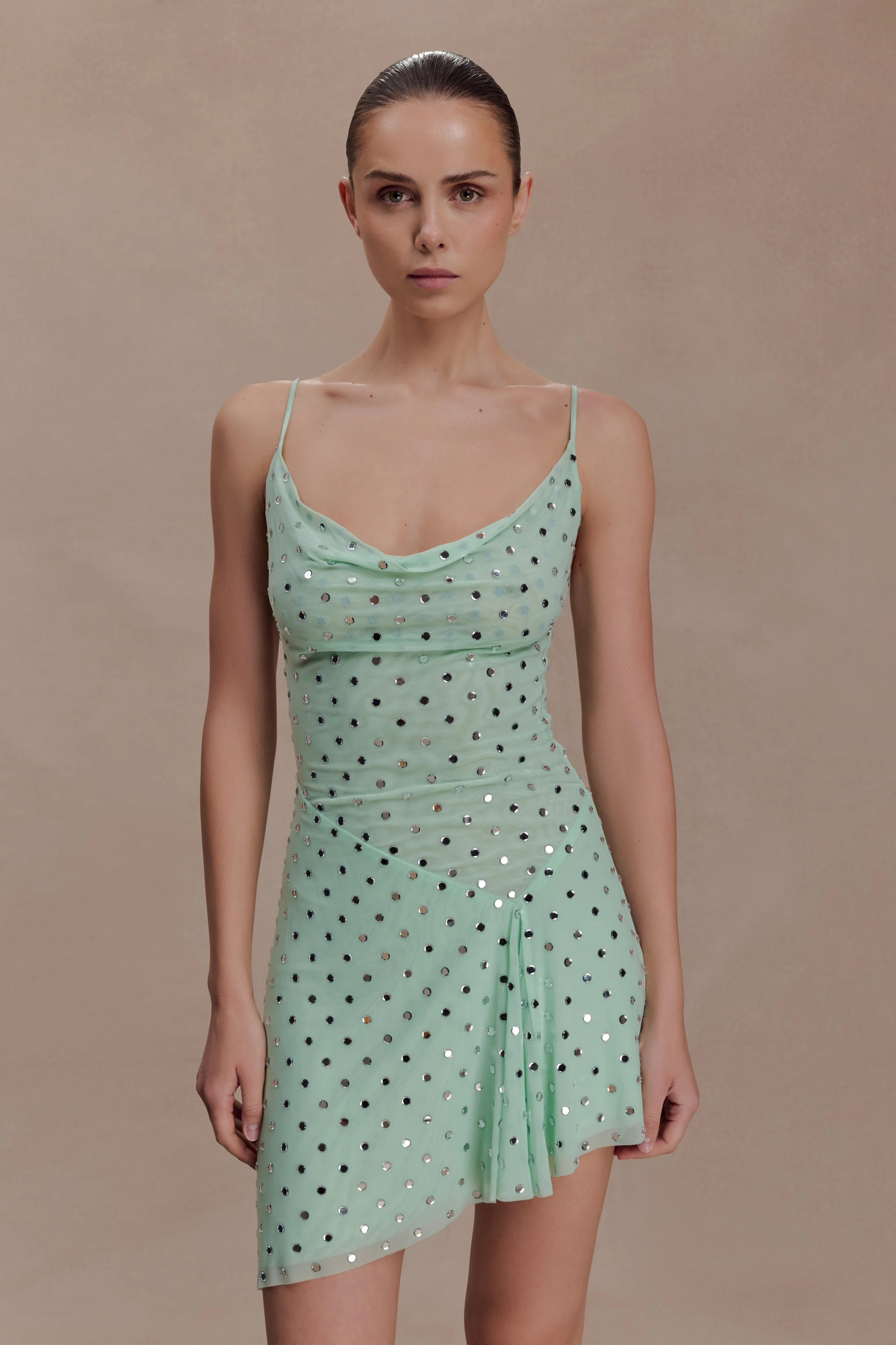Zahra Diamante Cowl Mini Dress - Mint - Image 2